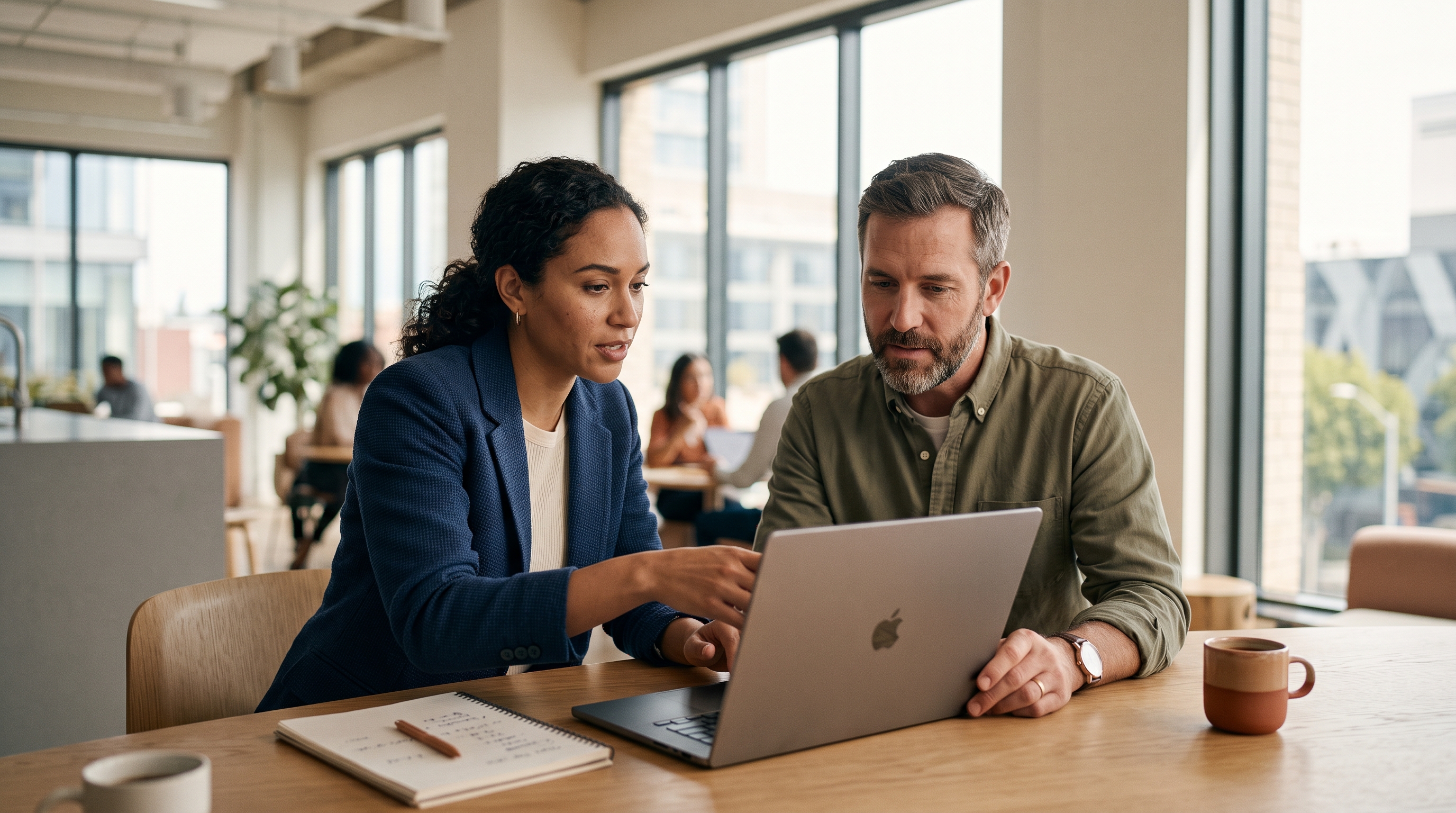 Finance lead and store owner reviewing a spreadsheet of platform costs on a laptop in a bright office