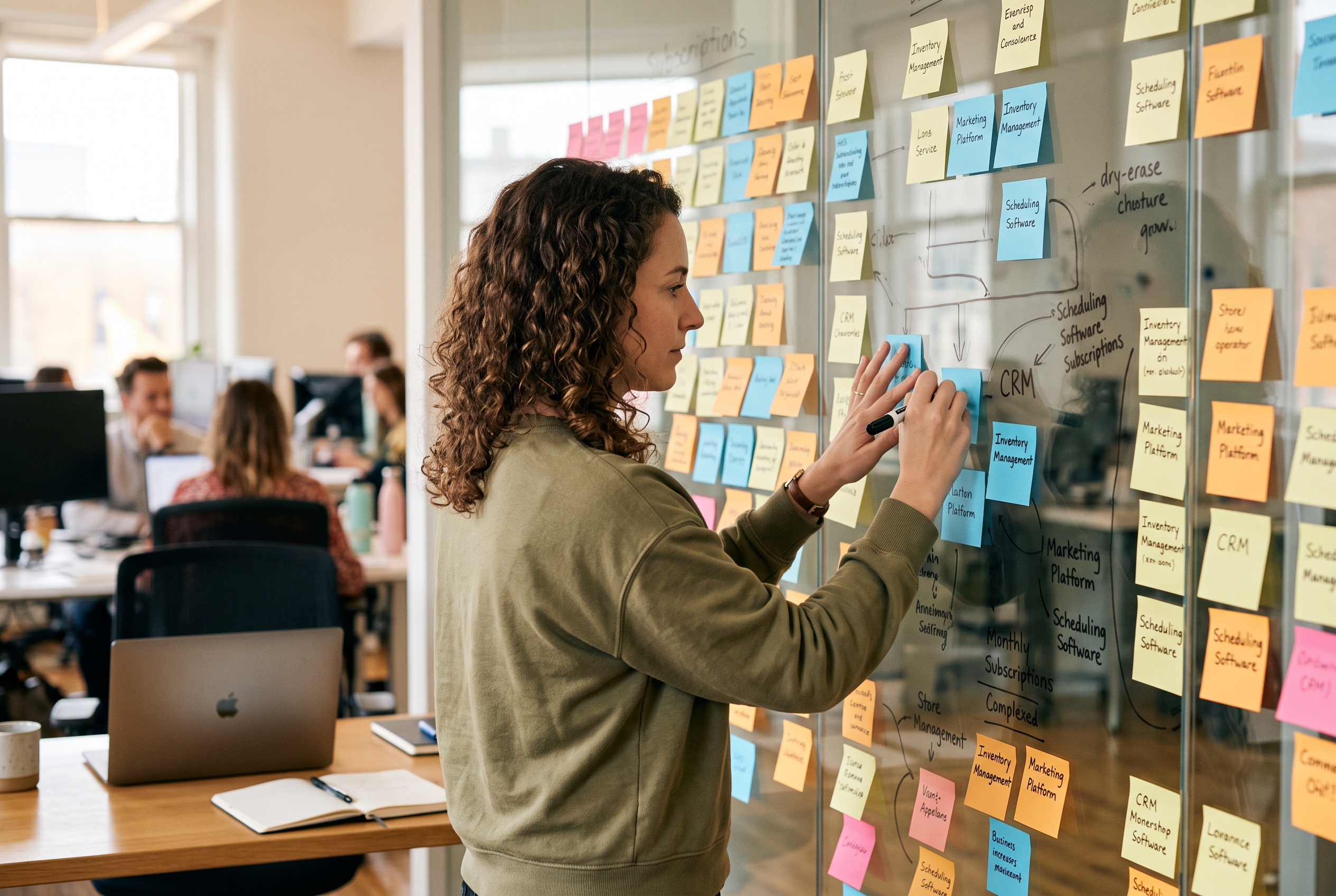 Store operator surrounded by sticky notes mapping out monthly software subscriptions on a glass office wall