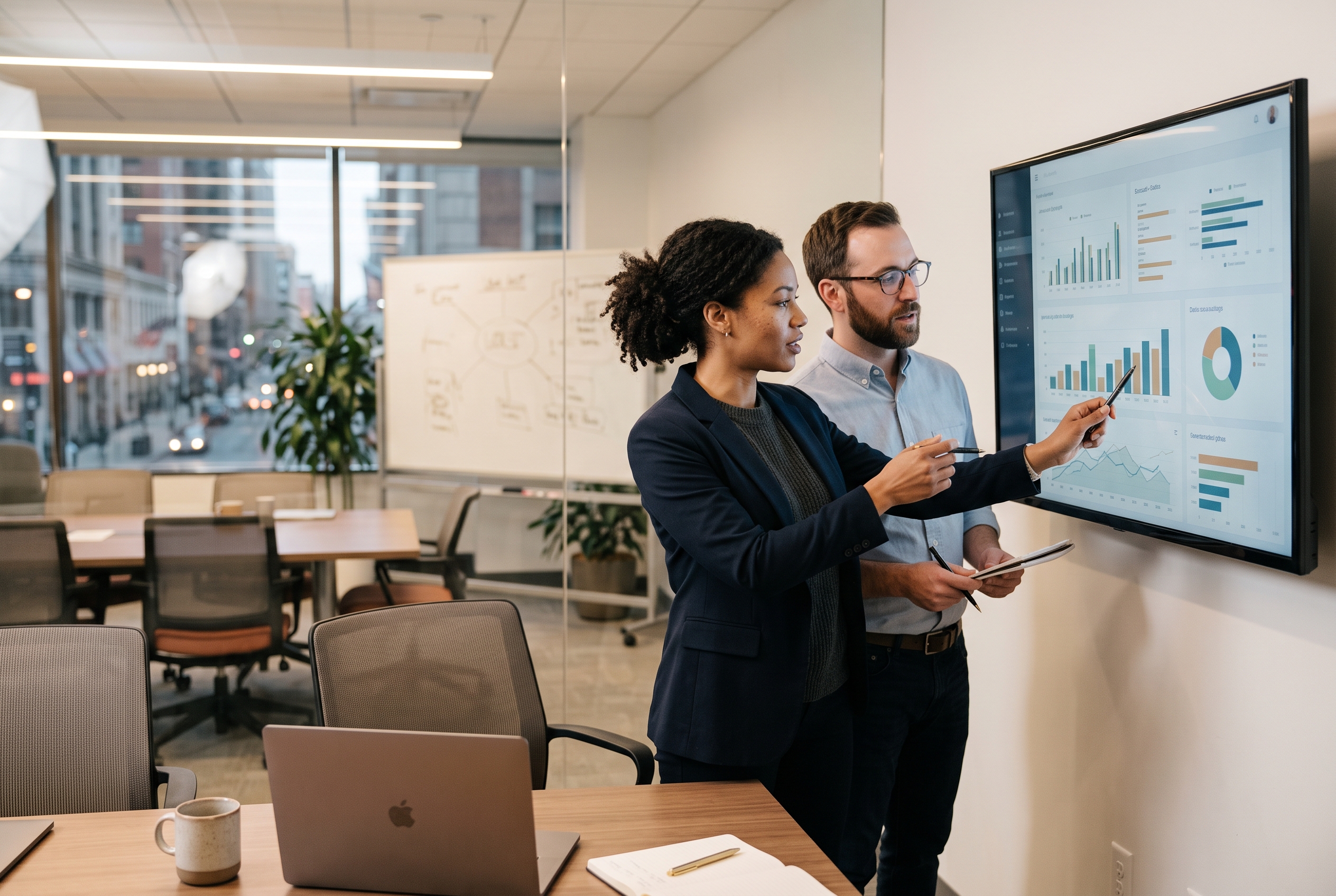 Two colleagues comparing annual software budget figures on a large monitor in a modern conference room
