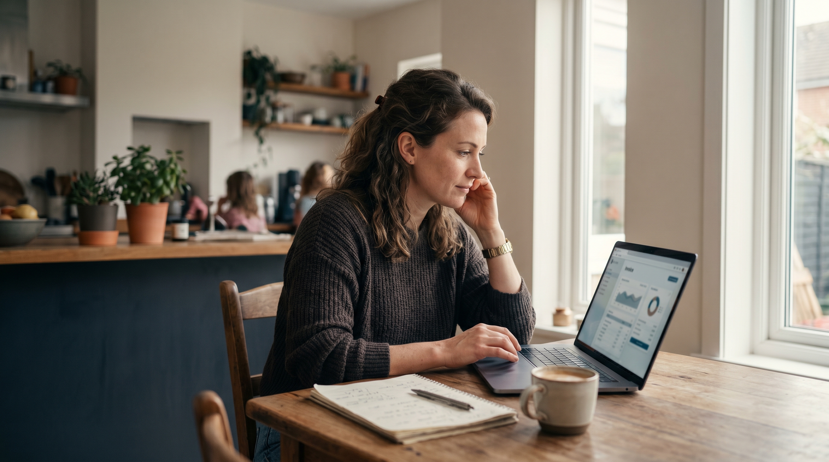 Founder reviewing a software invoice on a laptop at a kitchen table with coffee and a notebook beside her