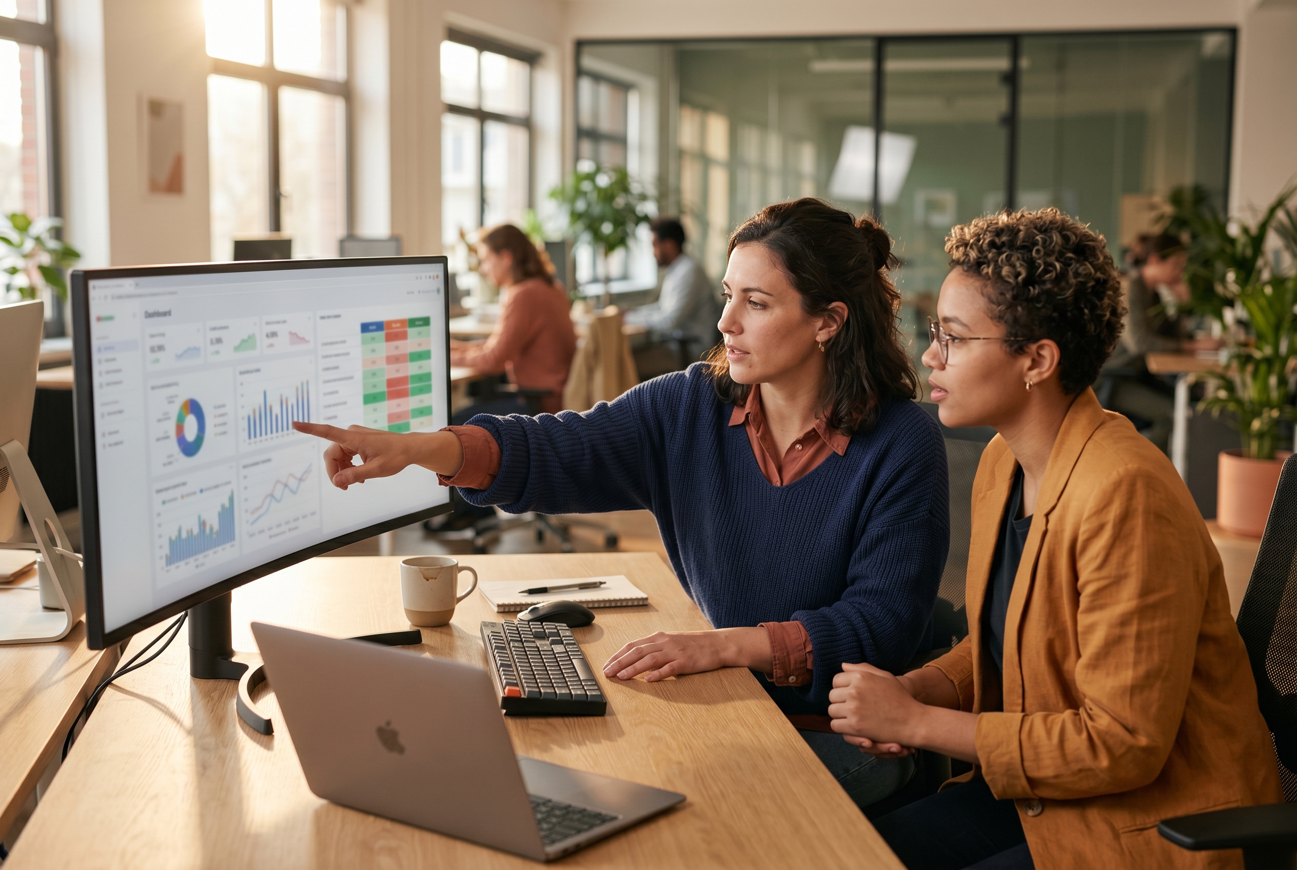 Two e-commerce managers comparing app subscription costs on a wide monitor in a modern office at golden hour