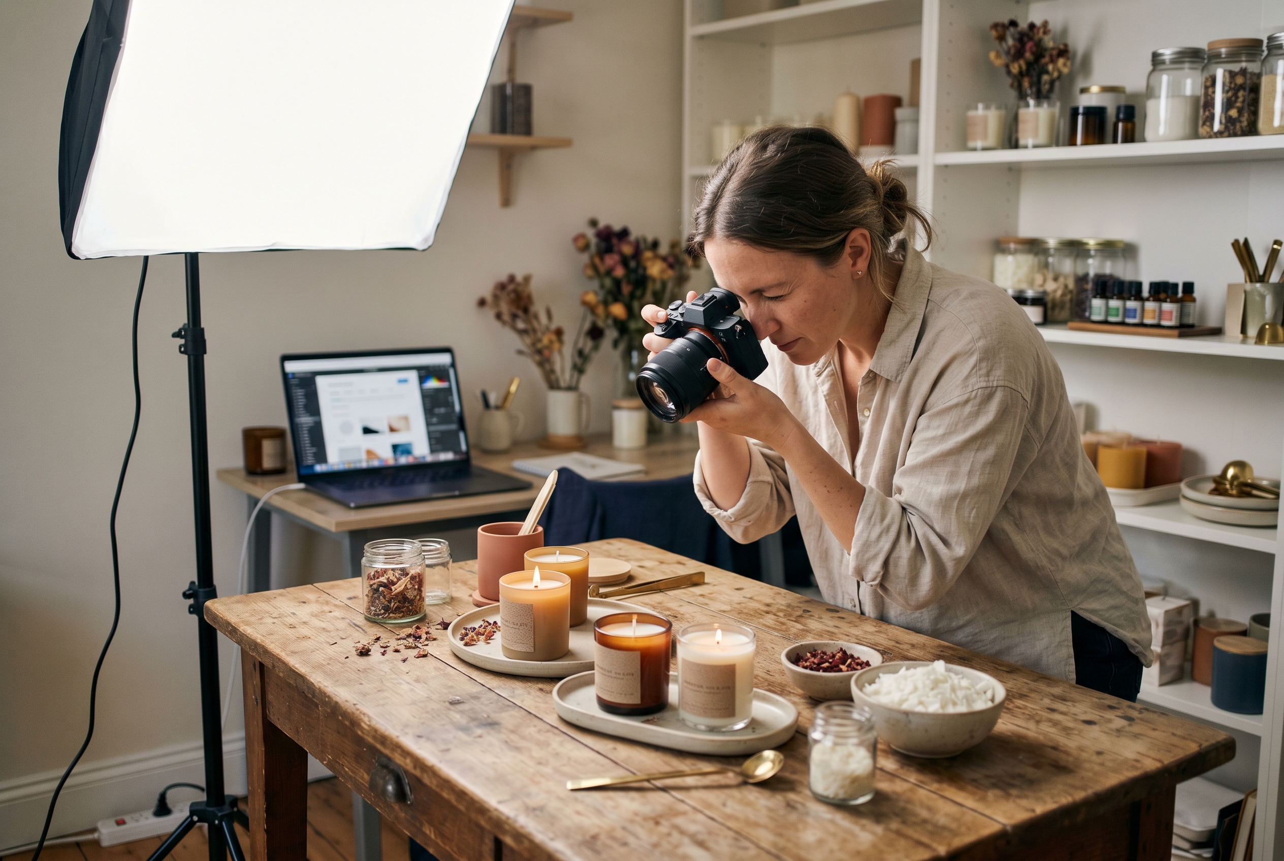 Small business owner photographing handmade candles on a wooden table under a softbox light in a home studio