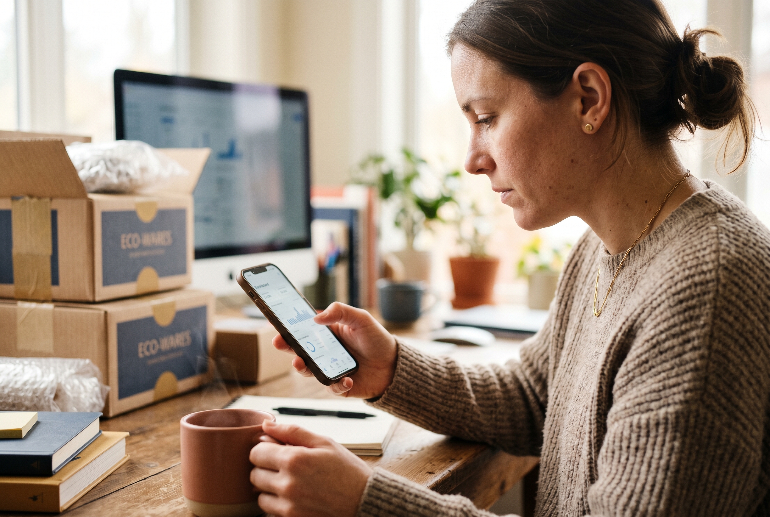 Founder examining store analytics on a phone over morning coffee in a sunlit home office with shipping boxes nearby