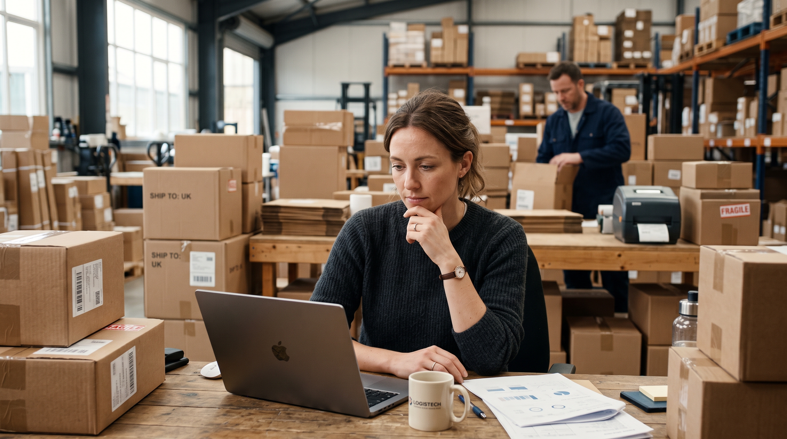 Founder reviewing a monthly platform invoice on a laptop at a warehouse desk surrounded by shipping boxes