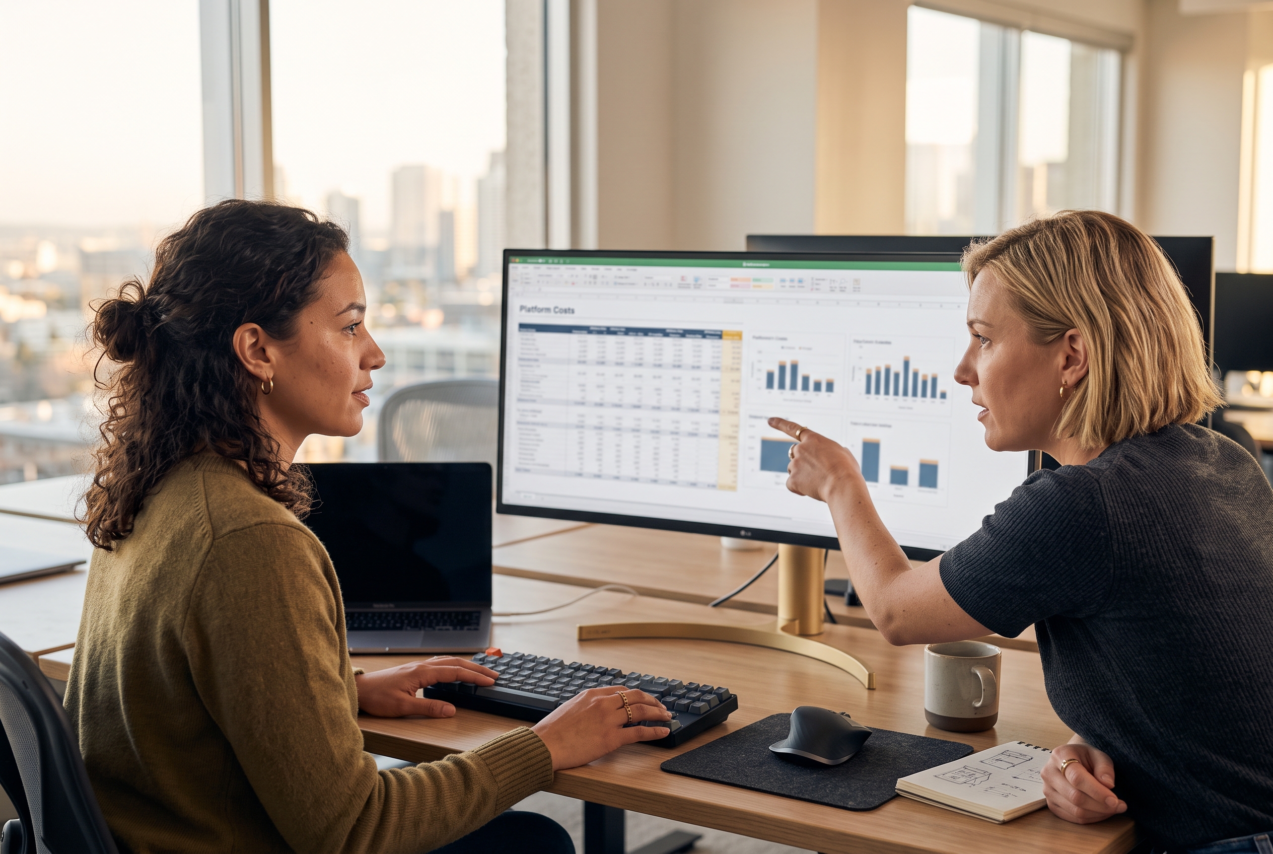 Two operators comparing spreadsheets of platform costs on a wide monitor in a modern office at golden hour