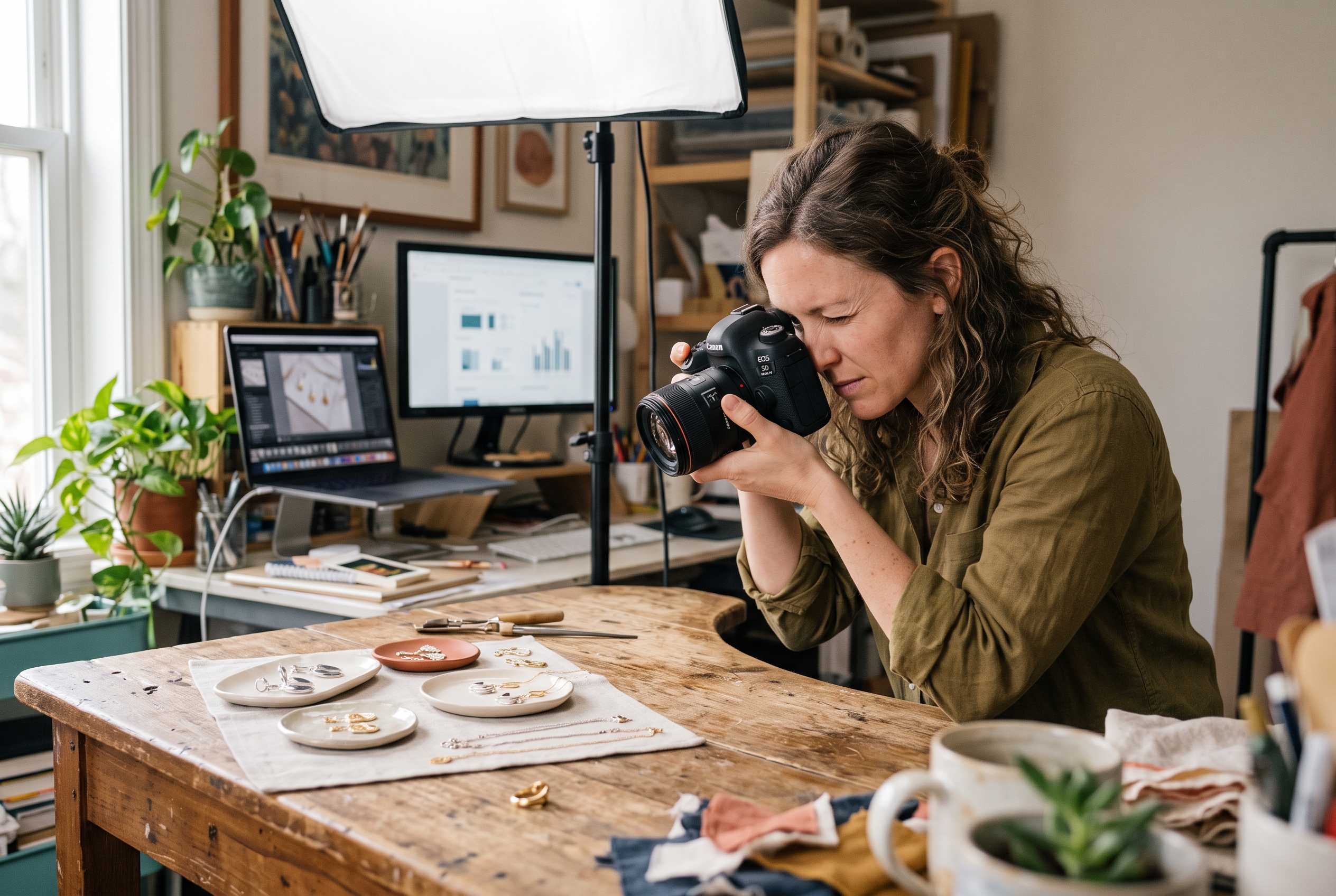 Small business owner photographing handmade jewelry on a wooden table under a softbox light in a home studio