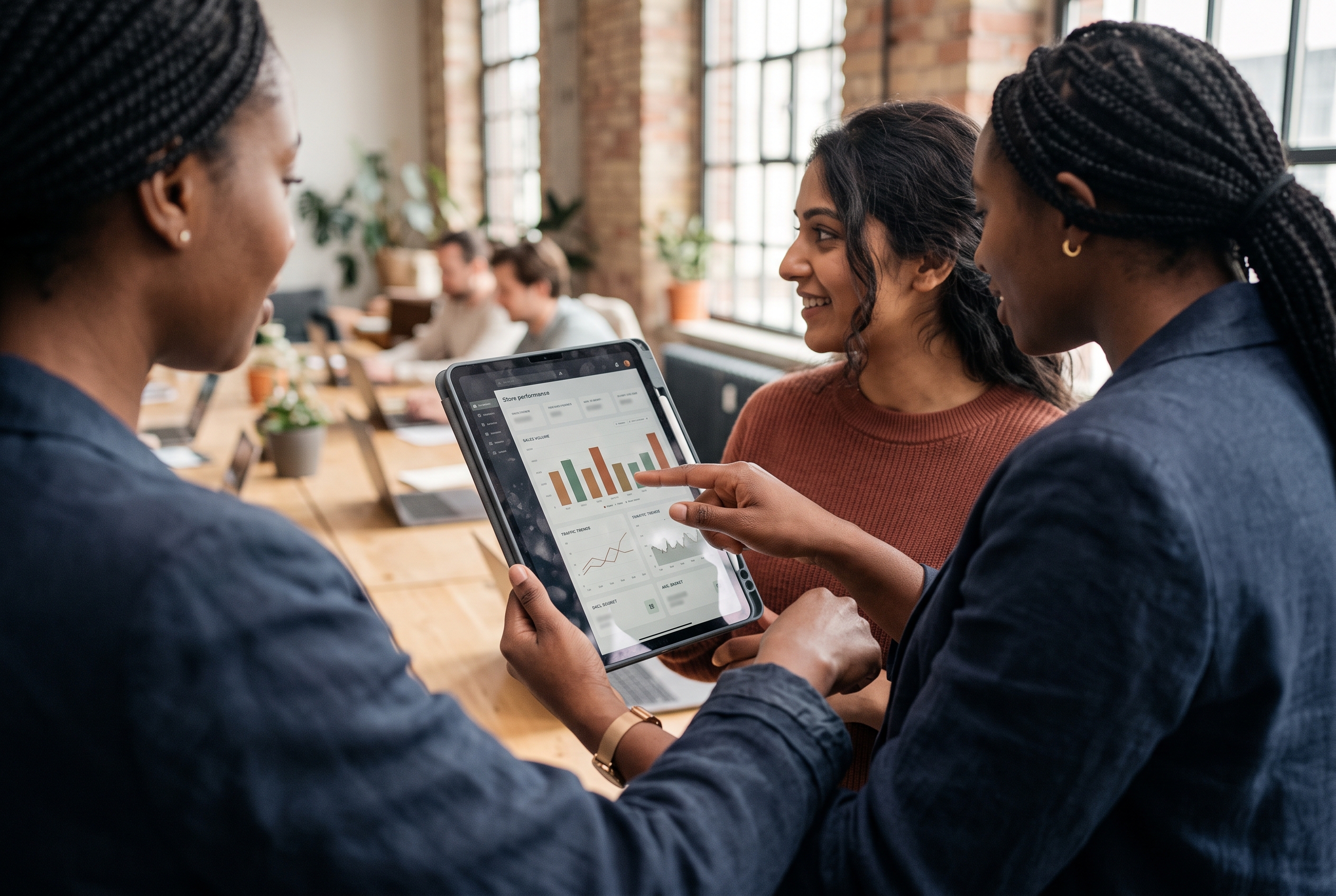 Team lead walking through a store dashboard on a tablet with a colleague in a bright coworking space