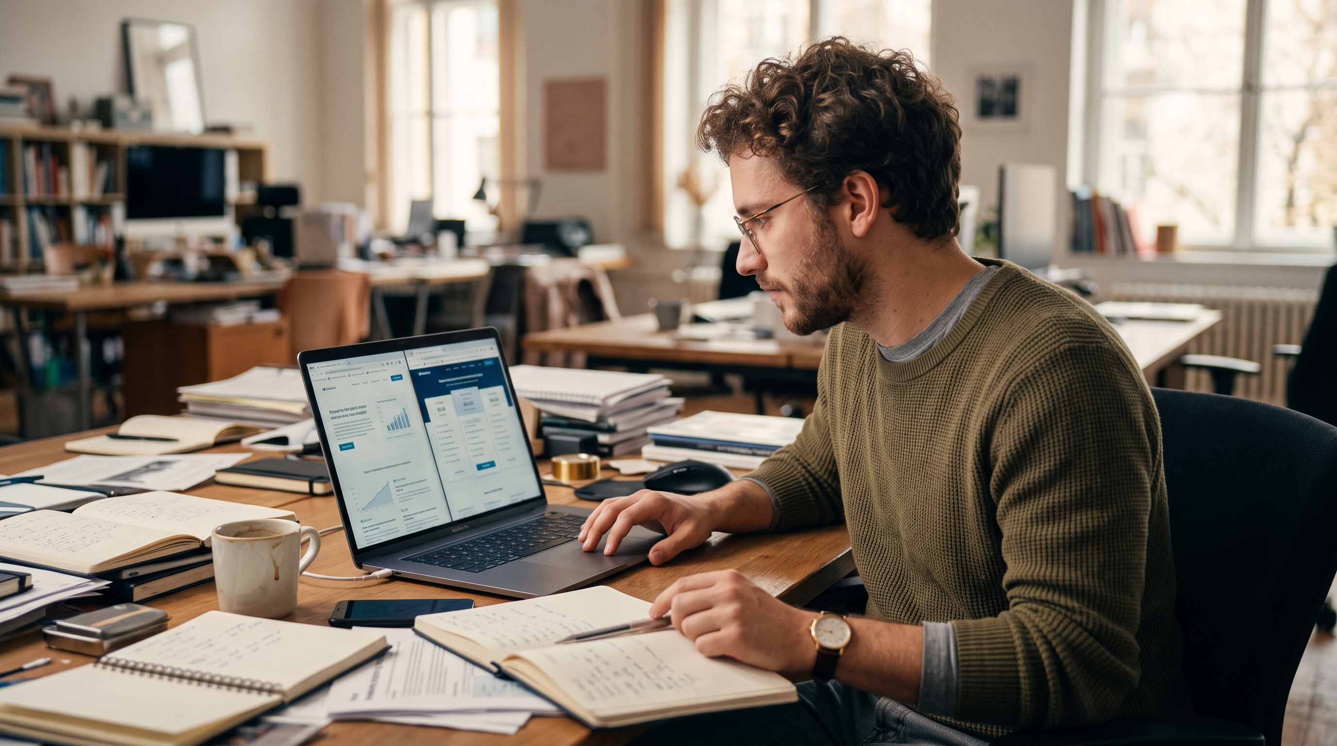 Ecommerce founder comparing two plan pricing pages on a laptop at a cluttered desk with coffee and notebooks