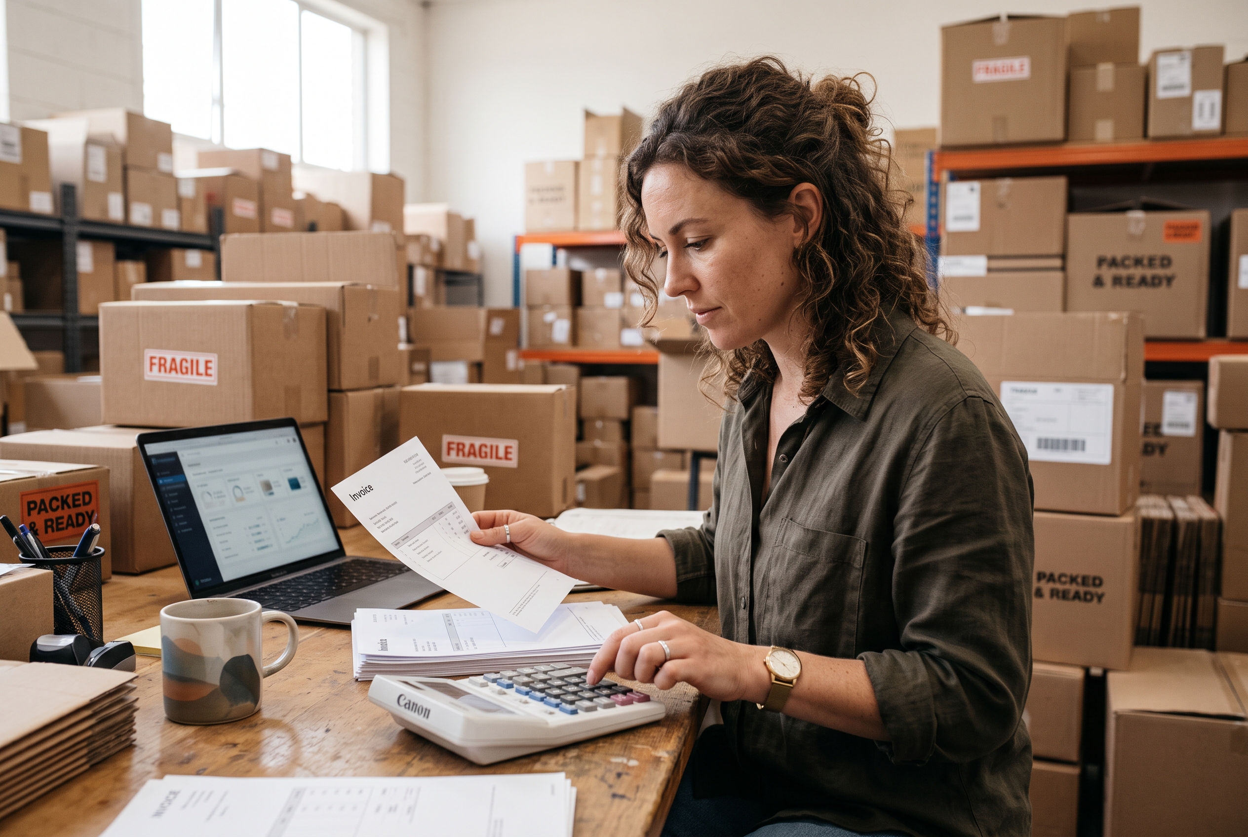 Small business owner reviewing a printed invoice and calculator at a warehouse desk surrounded by shipping boxes