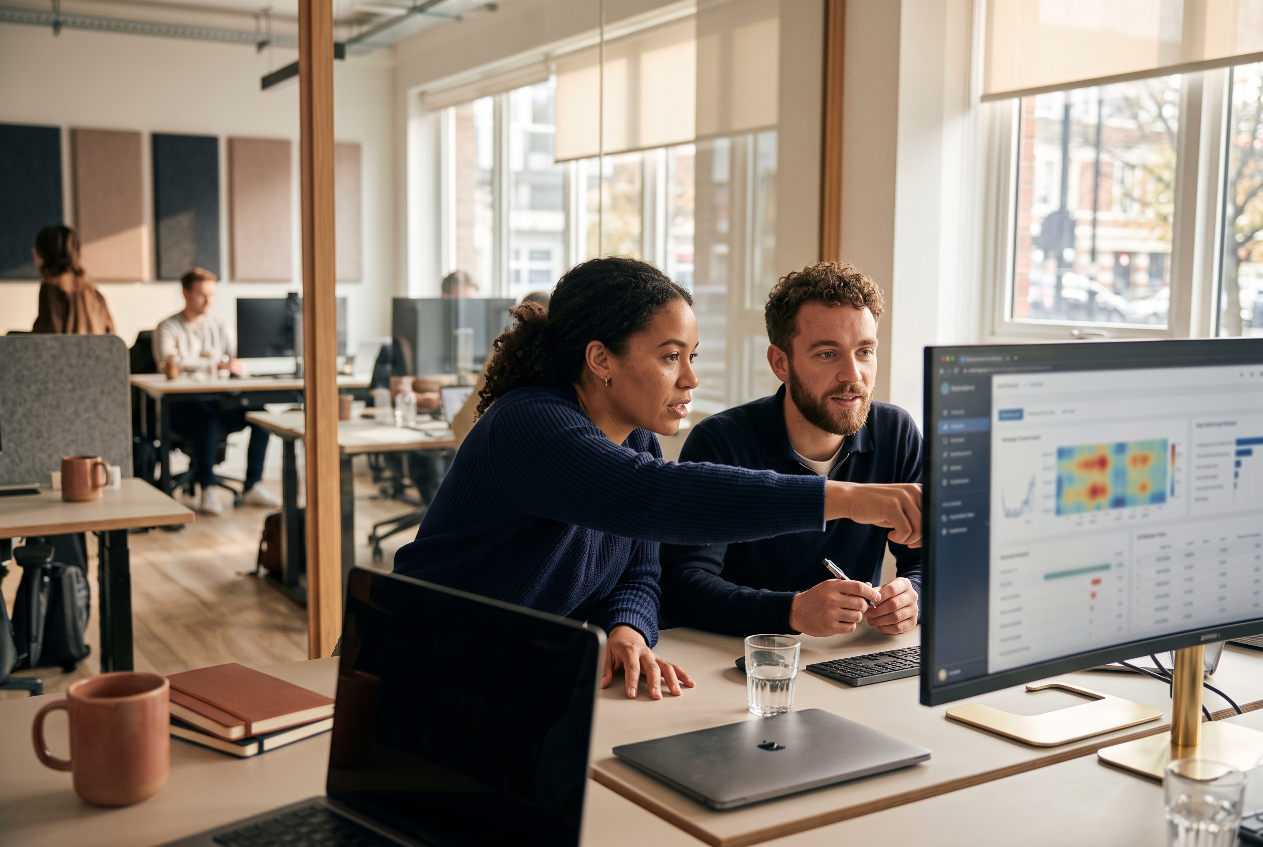 Two team members reviewing order fulfillment on a wide monitor in a bright modern office in the afternoon