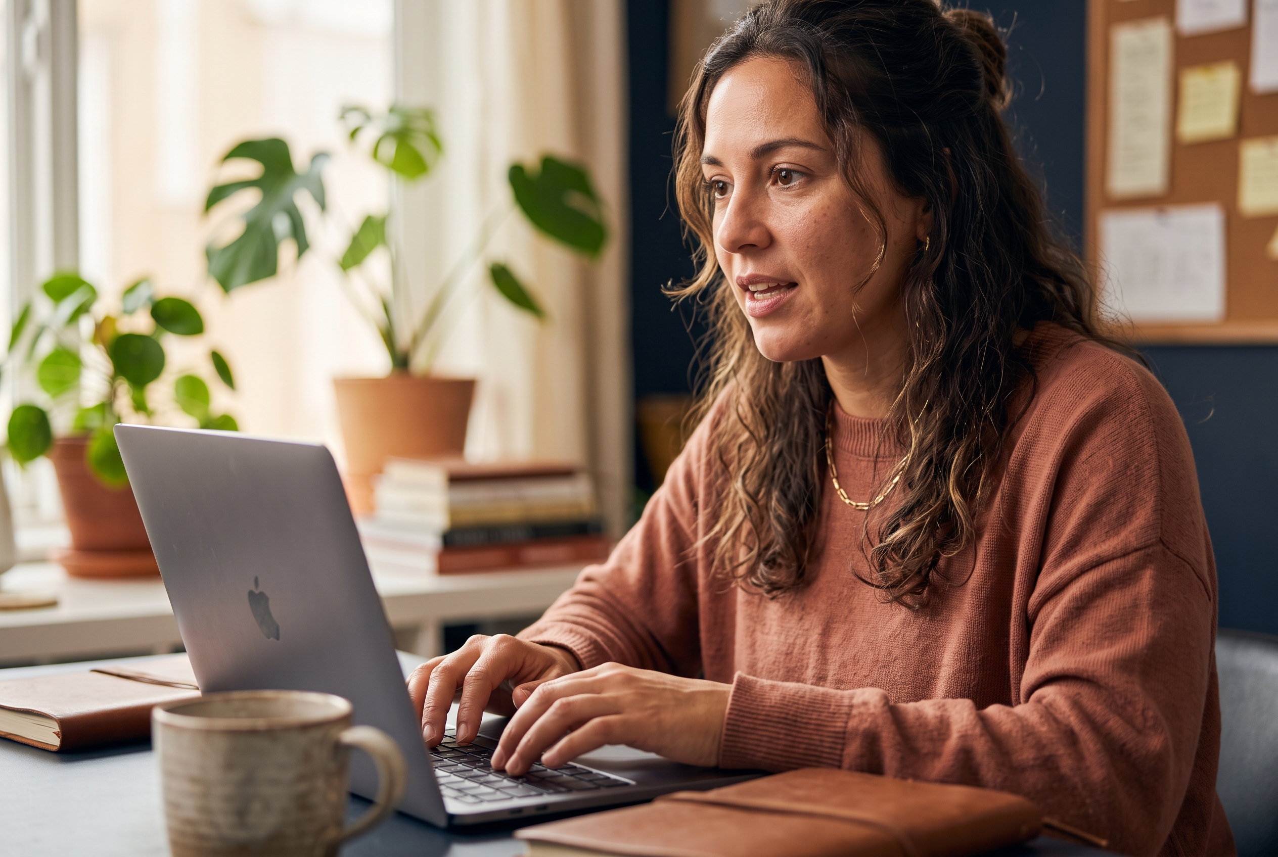 Entrepreneur describing her store idea aloud while typing on a laptop in a sunlit home office with plants