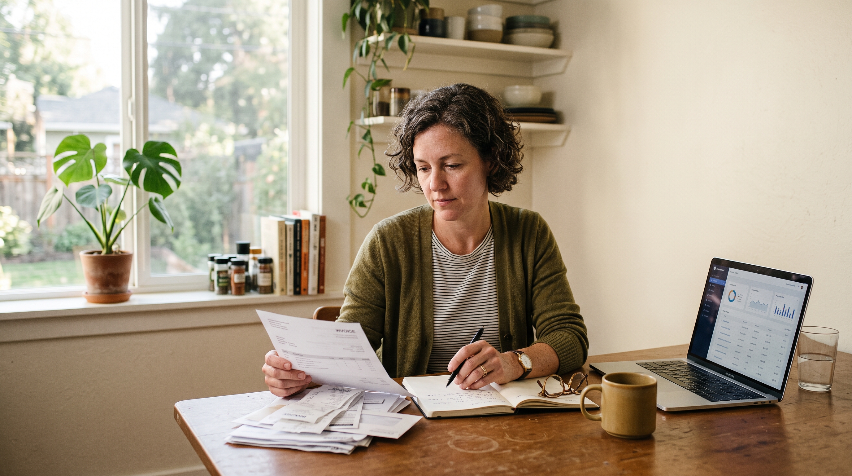 Small business owner reviewing a stack of subscription invoices at a kitchen table with a laptop open