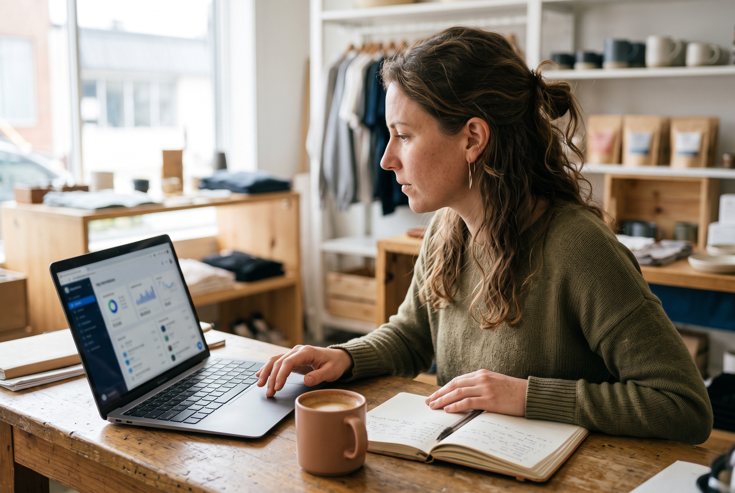 Store owner scrolling through an app marketplace on a laptop with a coffee mug and notebook beside her