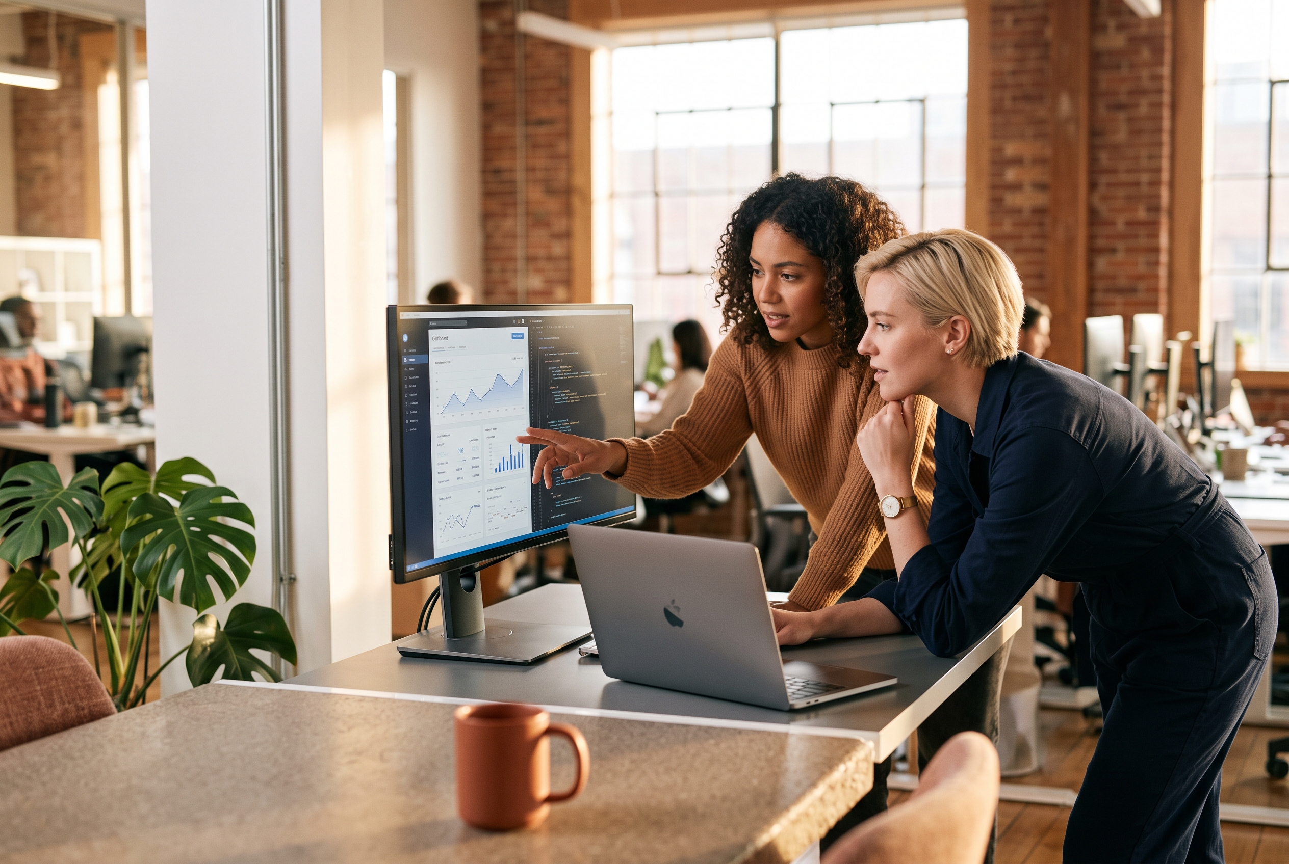 Two developers comparing code and a storefront on a wide monitor in a modern office at golden hour