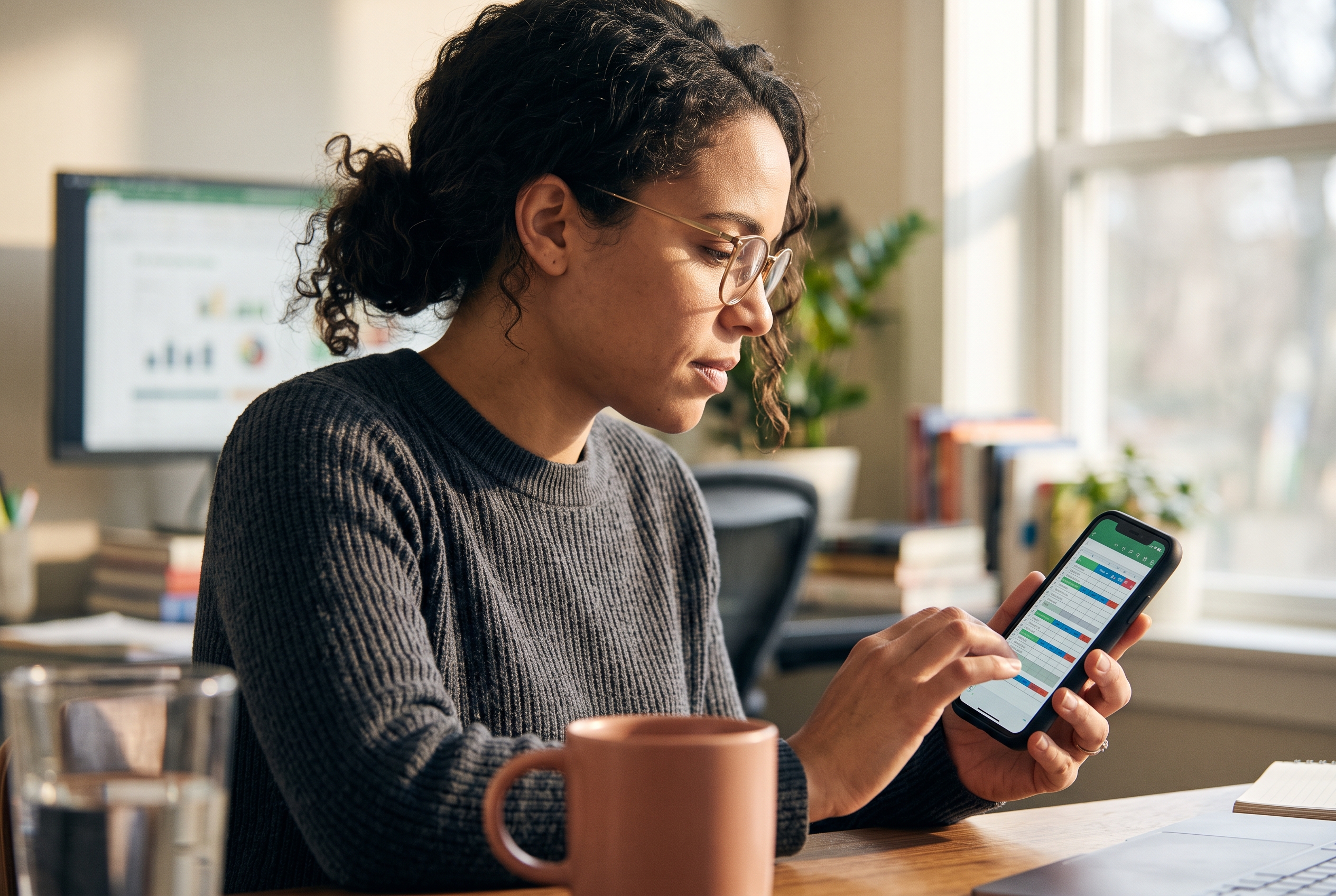 Founder examining a spreadsheet of monthly costs on her phone over morning coffee at a sunlit desk