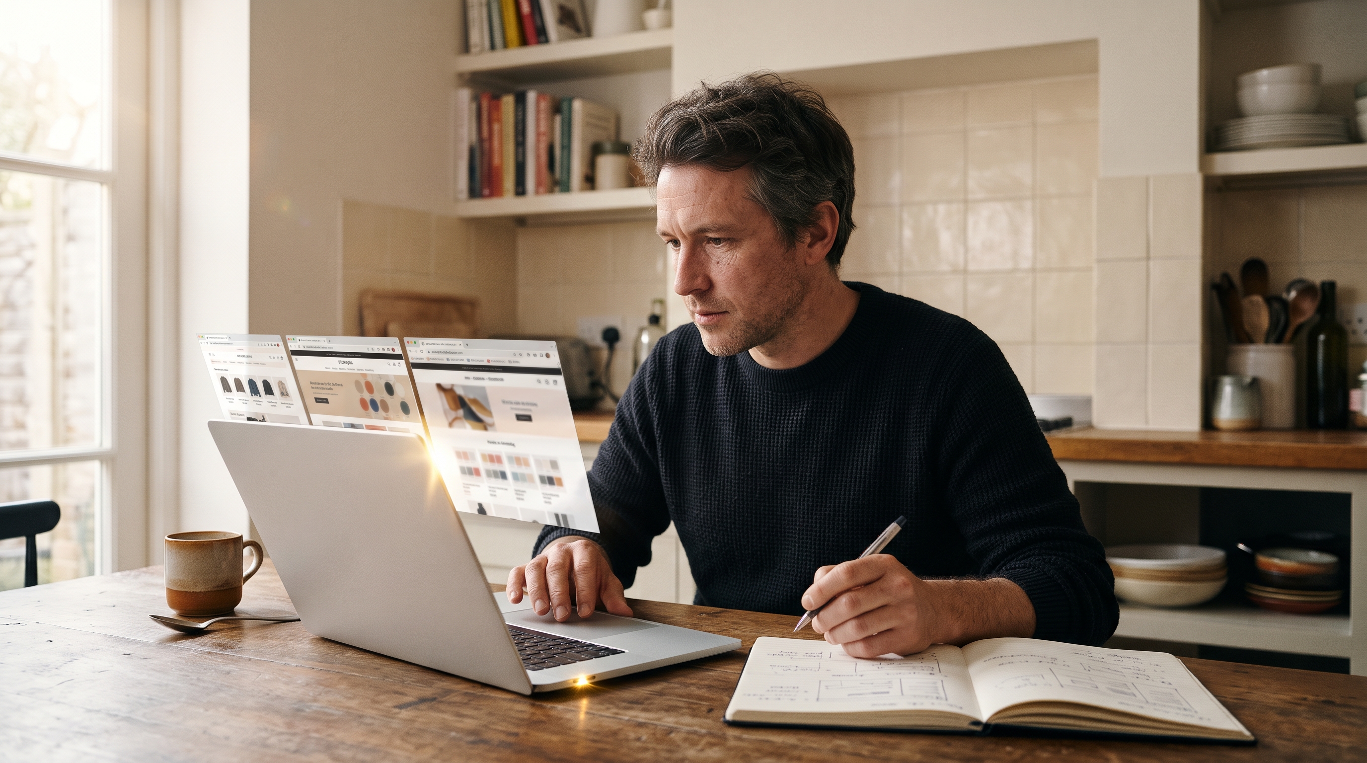 Store owner comparing several online store homepages on a laptop at a kitchen table with coffee and a notebook