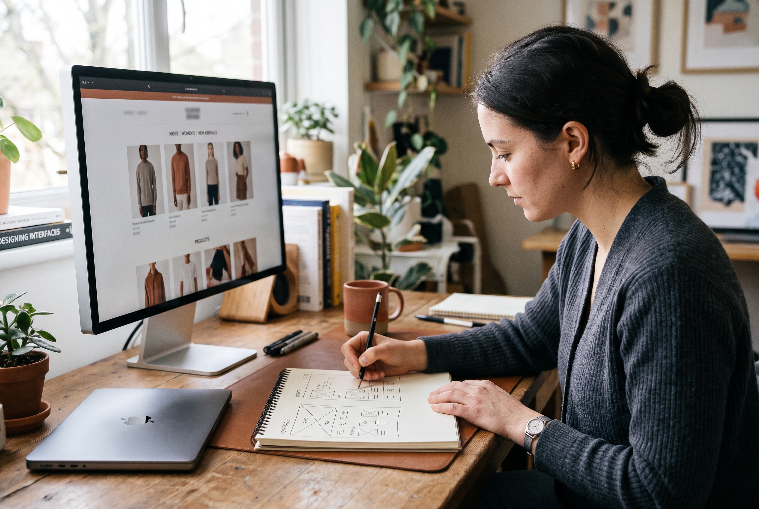 Designer sketching a homepage layout on paper next to a monitor showing a clothing brand storefront