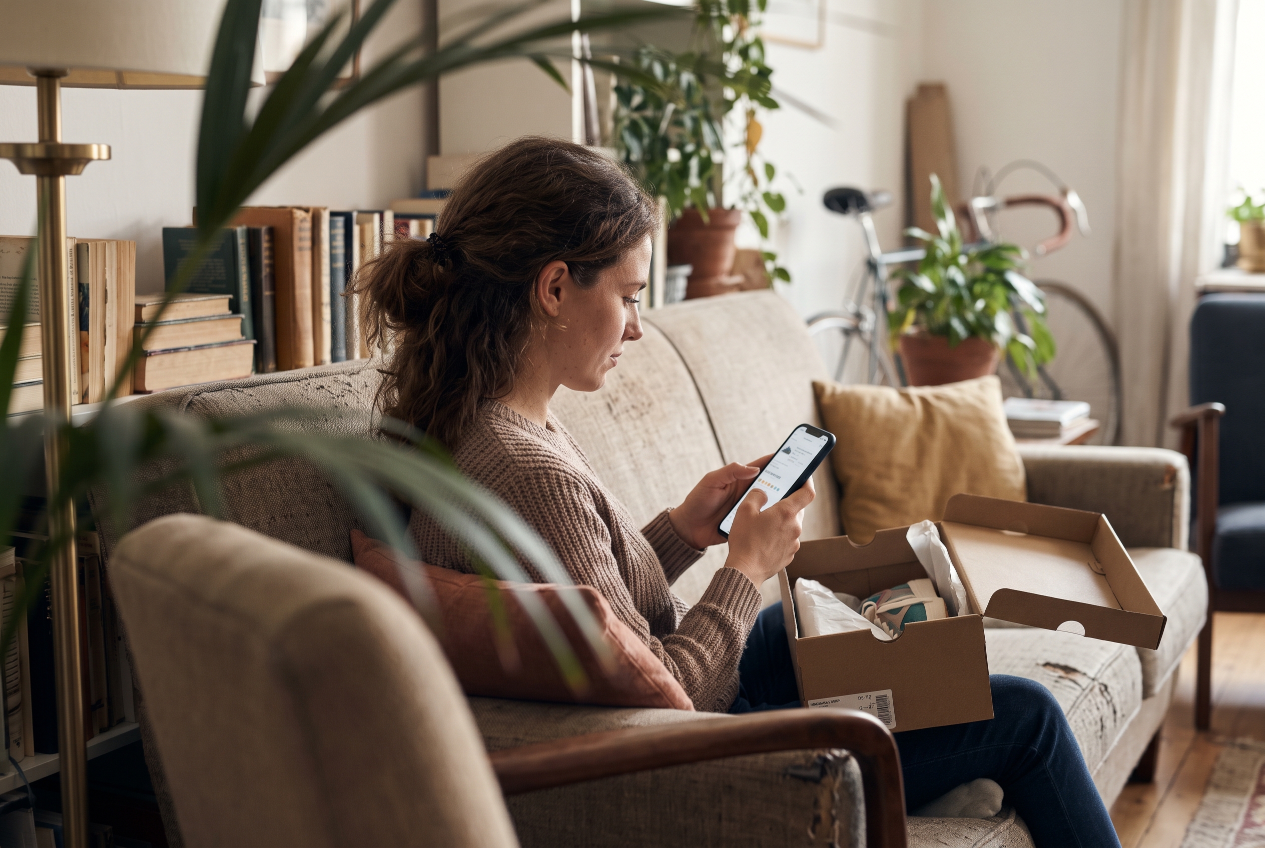 Shopper on a sofa scrolling a product page with customer reviews on a smartphone, a shoe box beside her