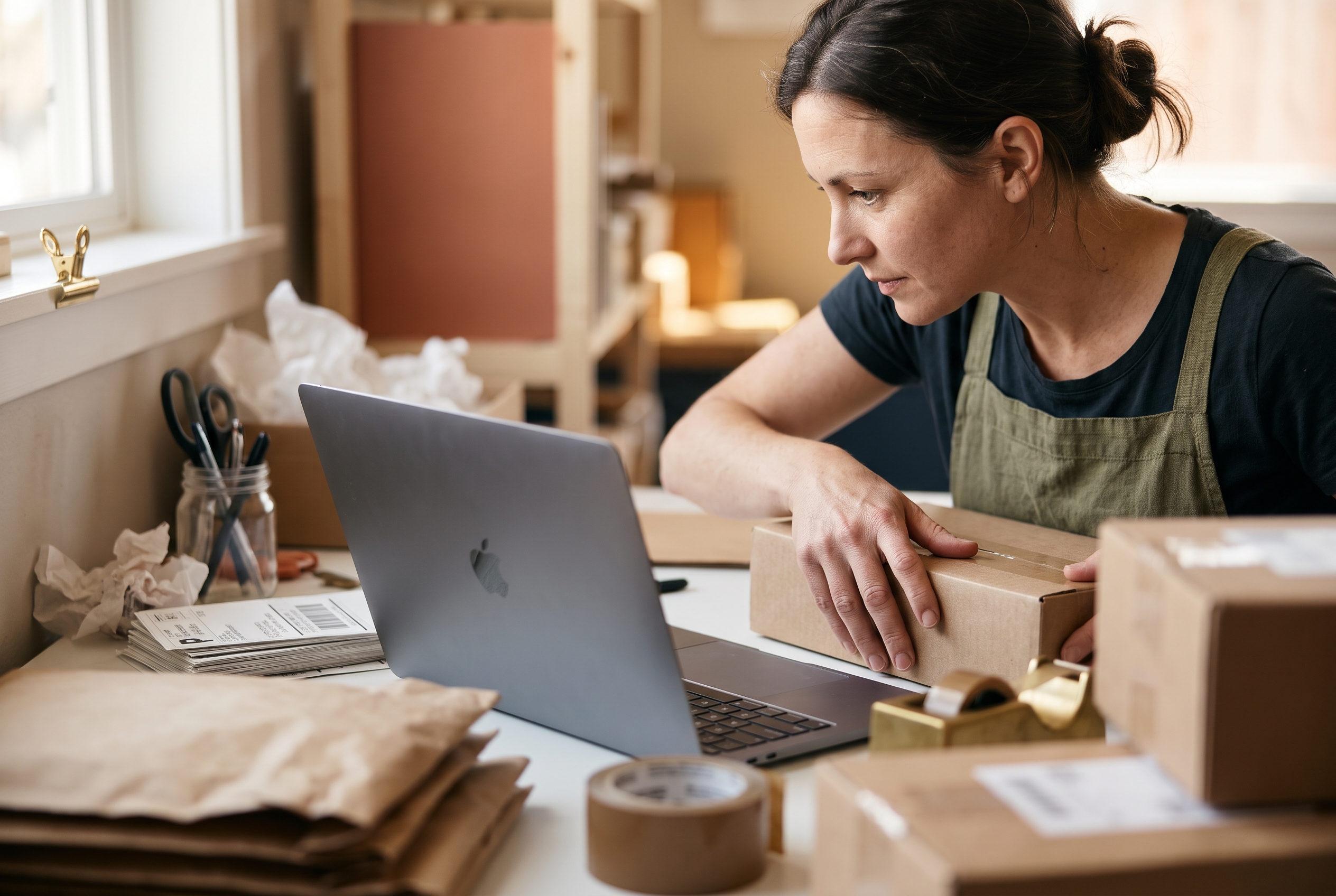 Small business owner packing orders at a workbench while checking sales on a laptop in a home studio
