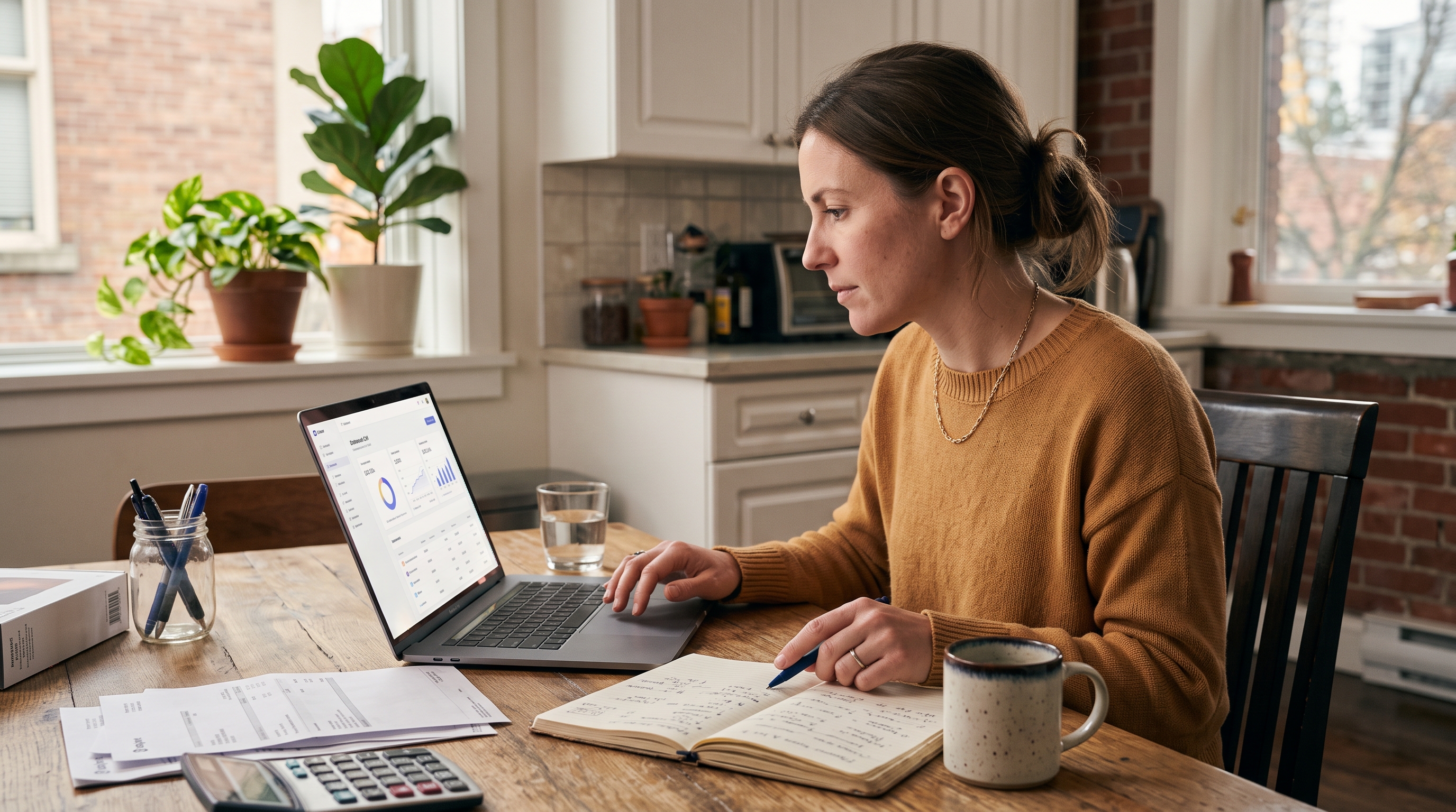 Online store owner comparing payment processor statements on a laptop at a kitchen table with a coffee and notebook