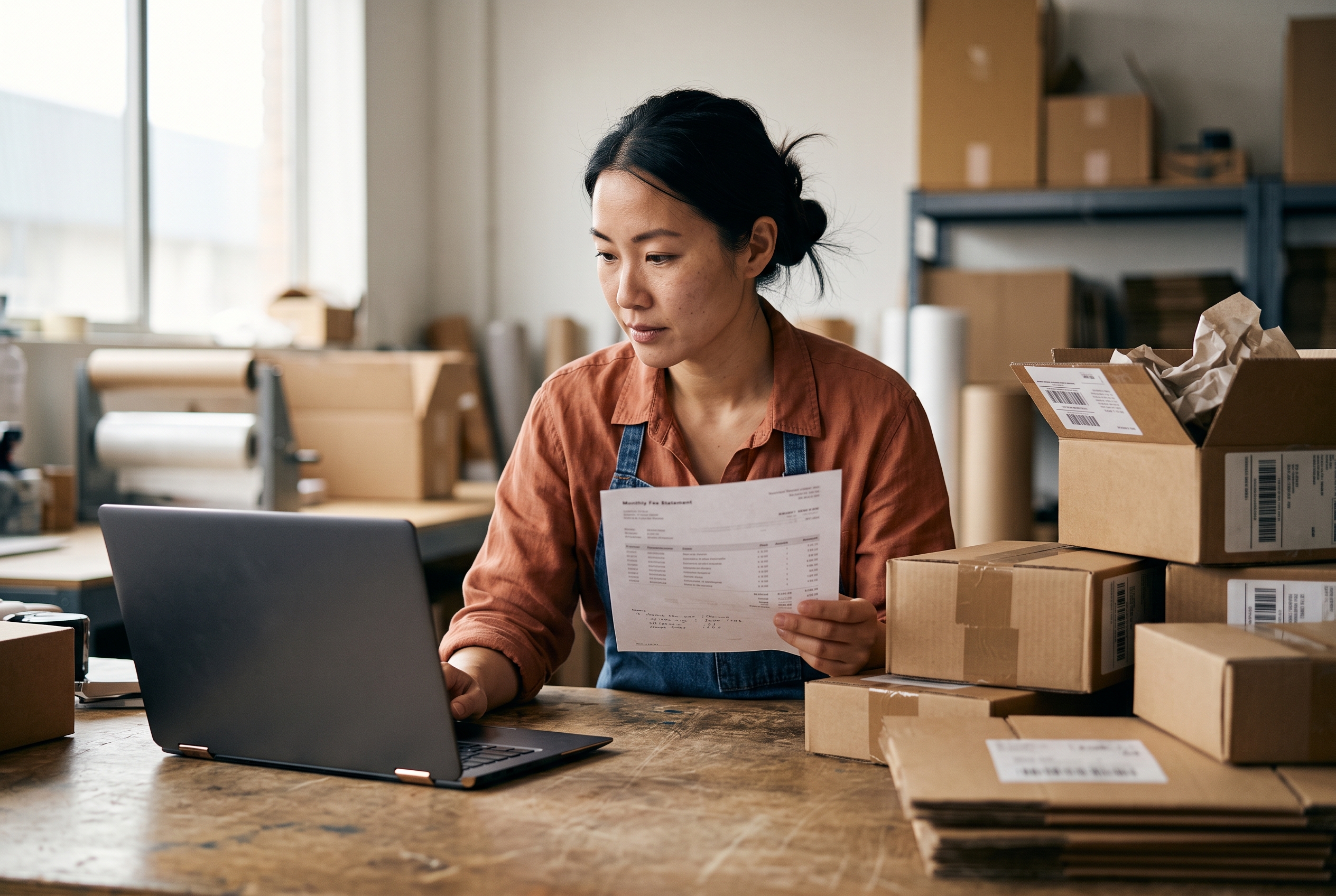 Merchant at a packing table checking a monthly fee statement beside stacked shipping boxes and a laptop