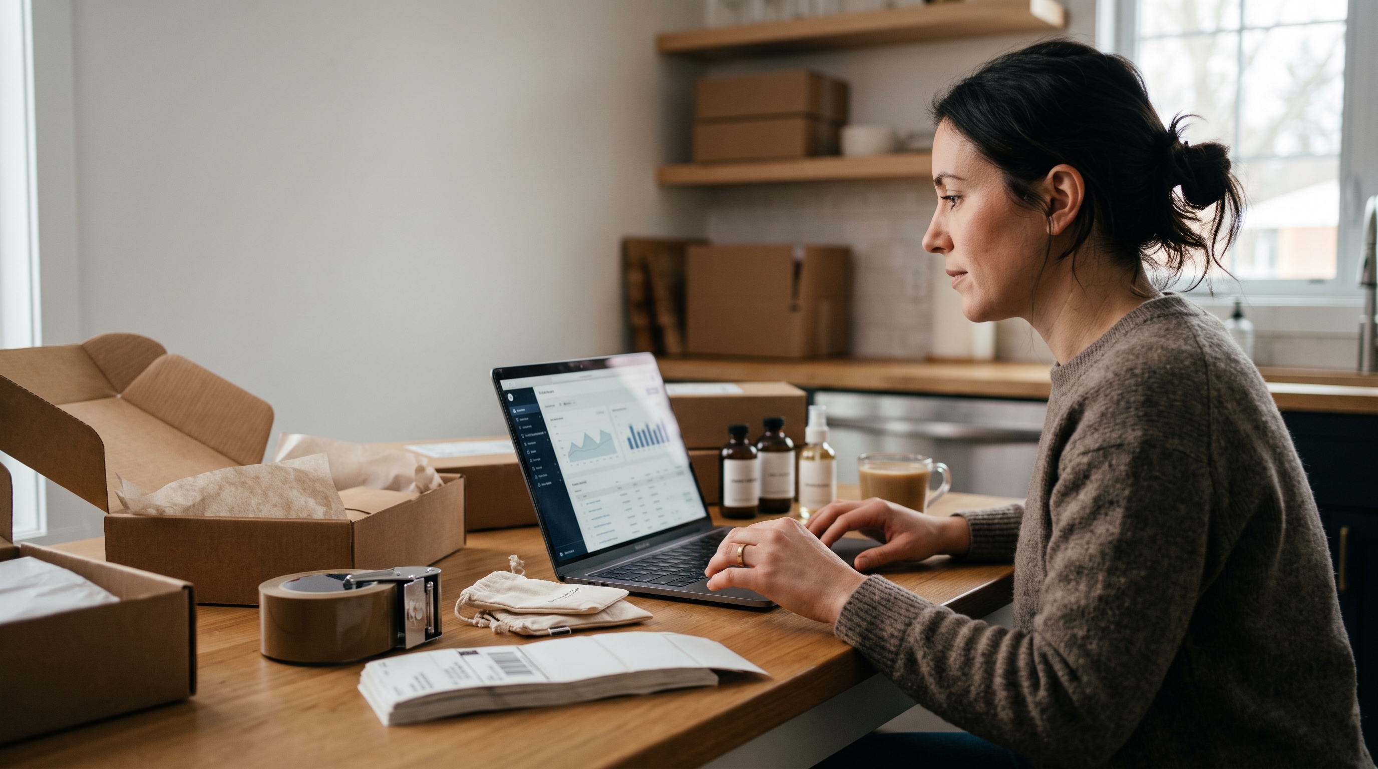 Small business owner reviewing payout statements on a laptop at a kitchen table surrounded by packing supplies