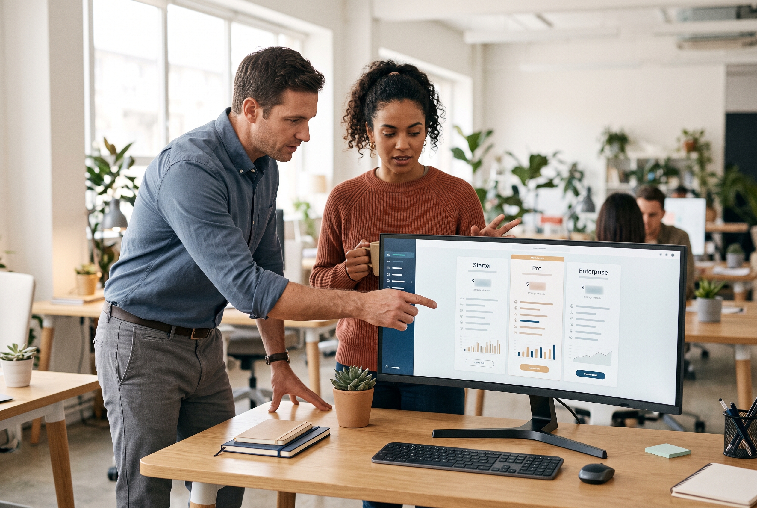 Two coworkers comparing pricing plans on a wide monitor in a bright office, pointing at the screen