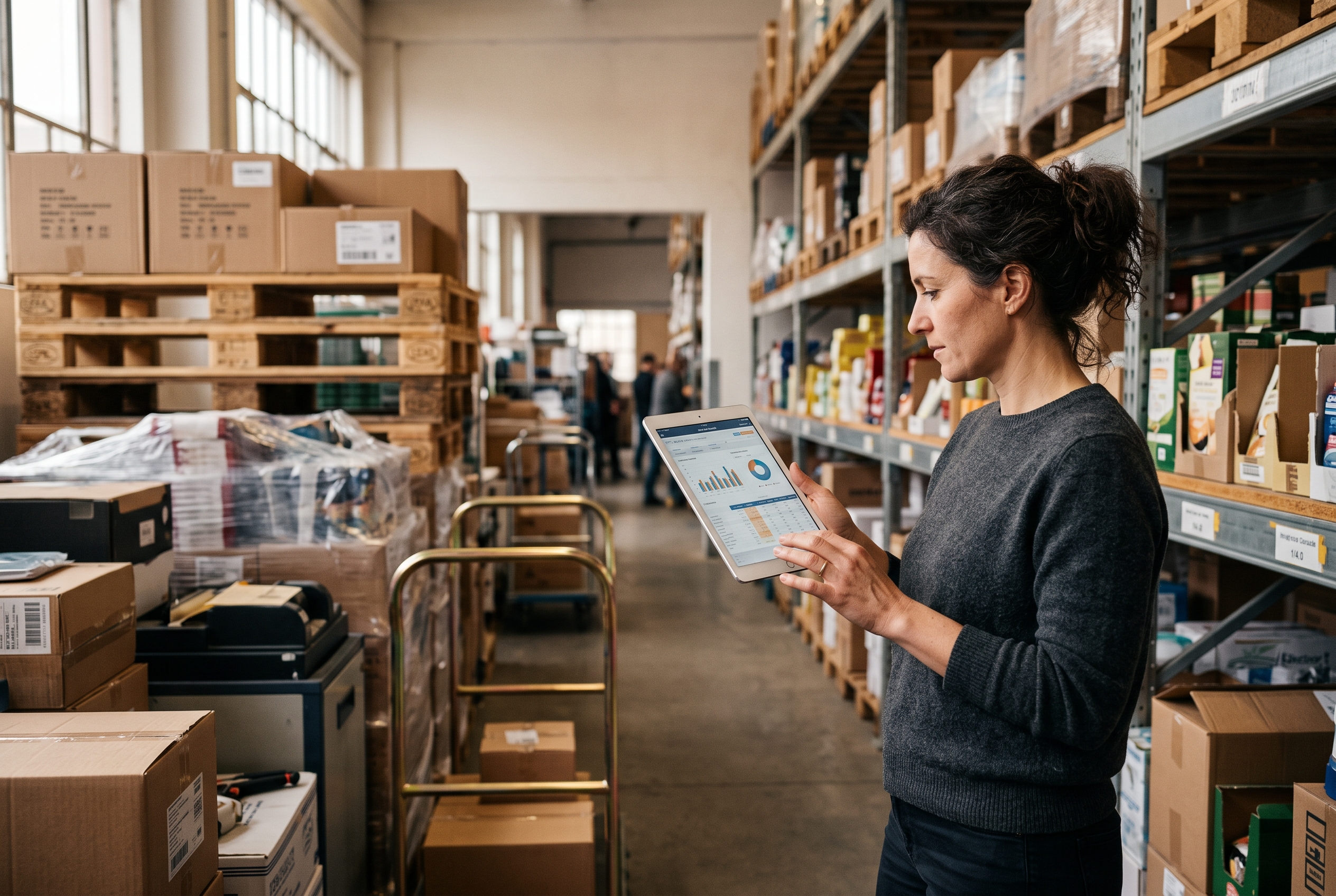 Founder examining a profit and loss breakdown on a tablet while standing at a warehouse shelf stacked with products