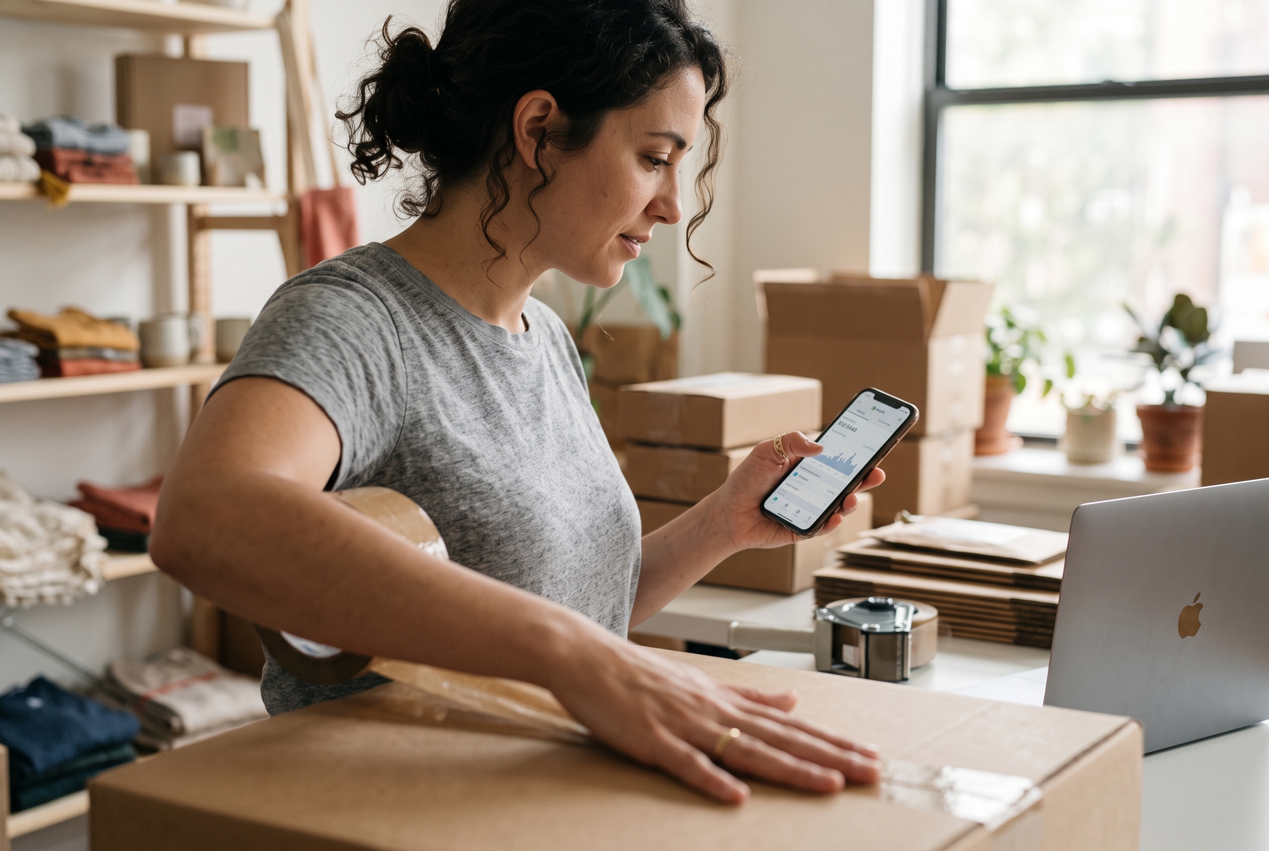 Online seller packing orders at a standing desk while glancing at a phone showing the day's sales total
