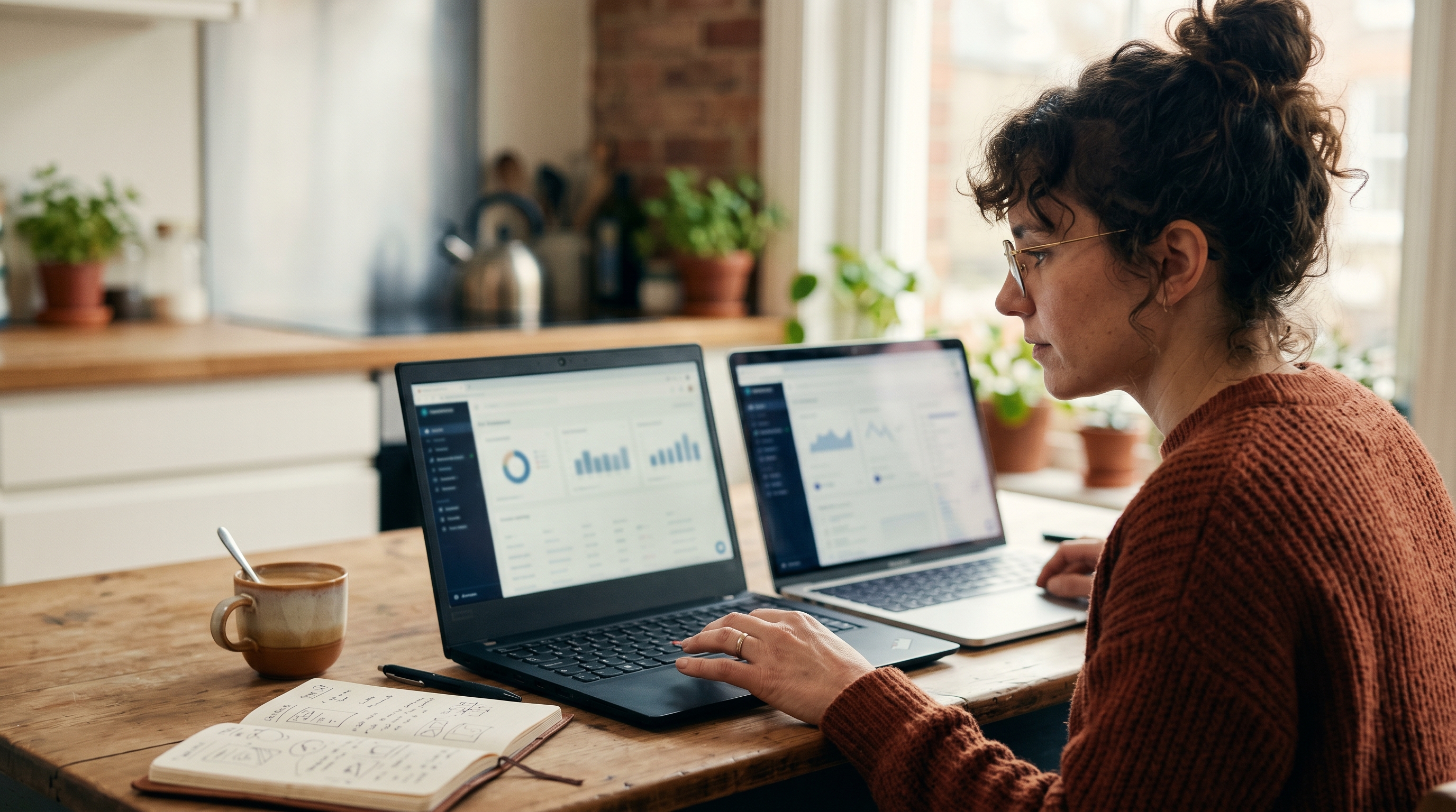Small business owner comparing two laptops side by side on a kitchen table with coffee and a notebook