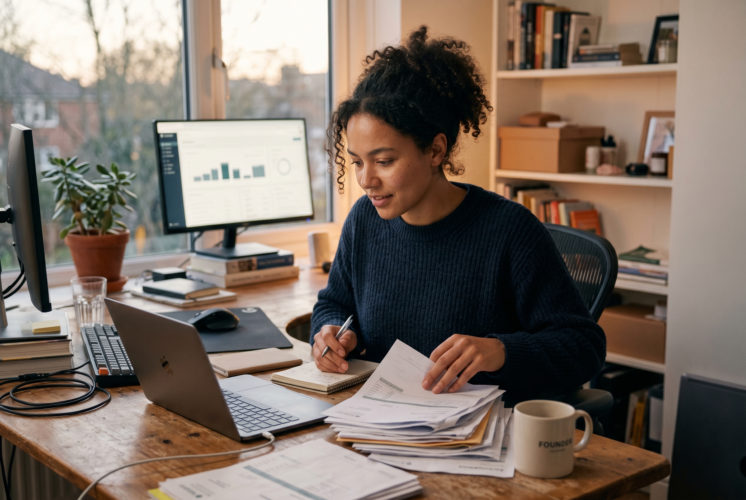 Founder reviewing a stack of subscription invoices on a laptop at a cluttered home office desk in the evening