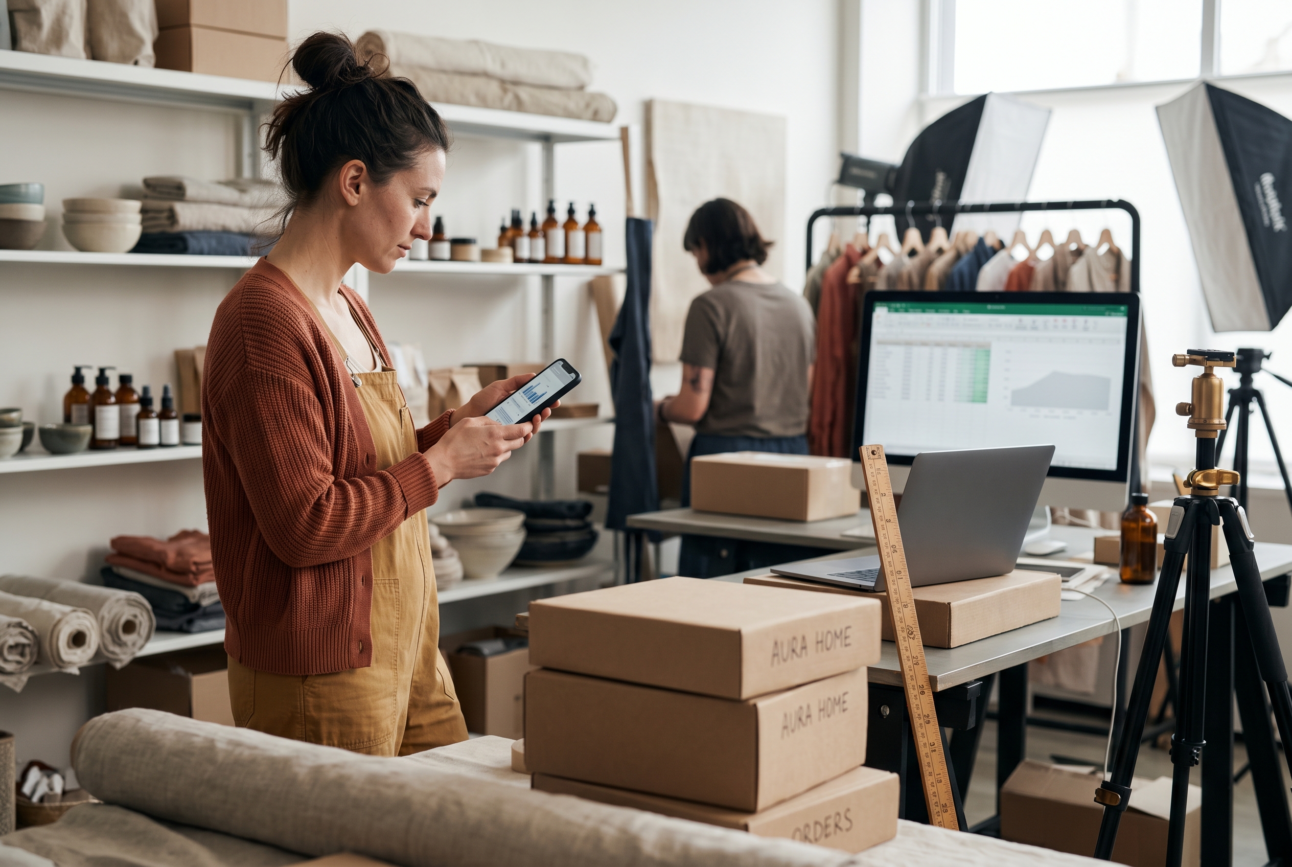 Online shop owner checking her store's mobile load time on a phone while standing in a small product studio