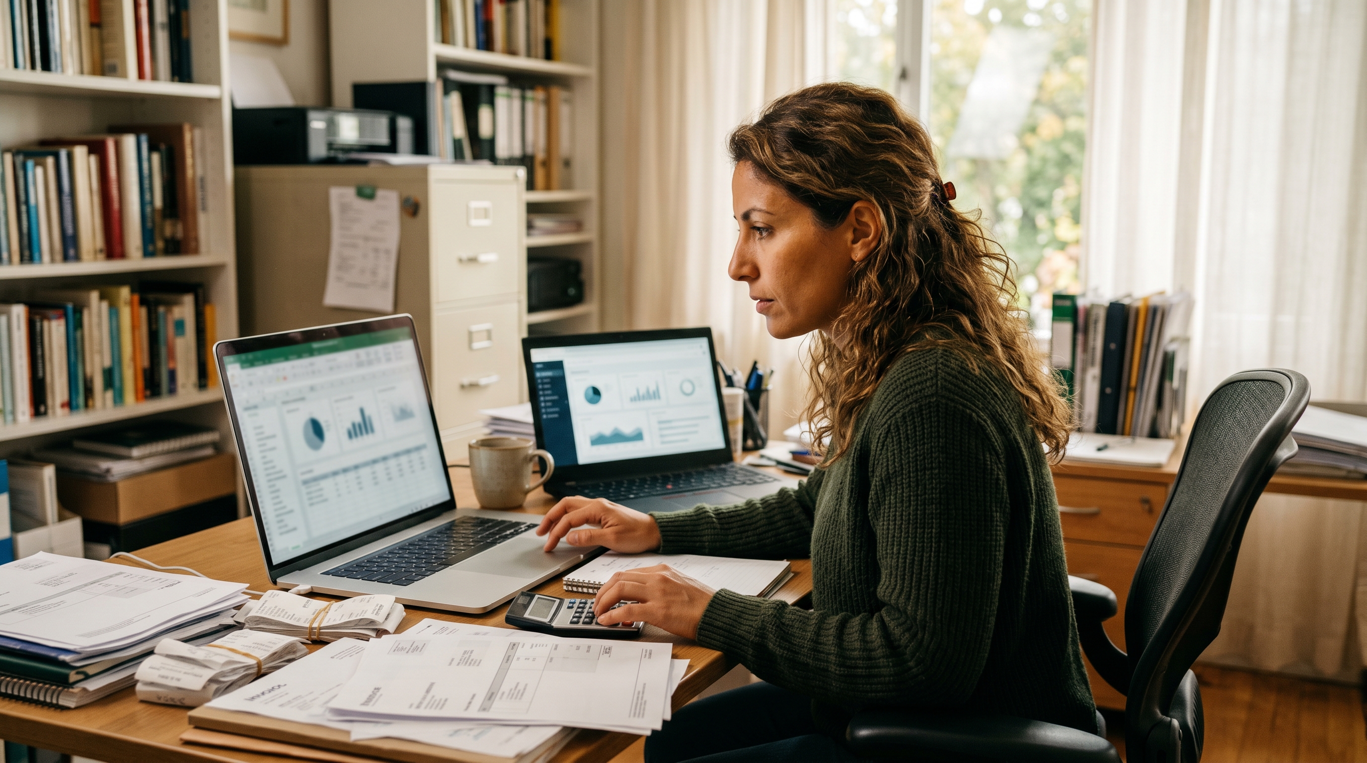 Small business owner sitting at a desk surrounded by stacks of invoices and receipts comparing two laptop screens