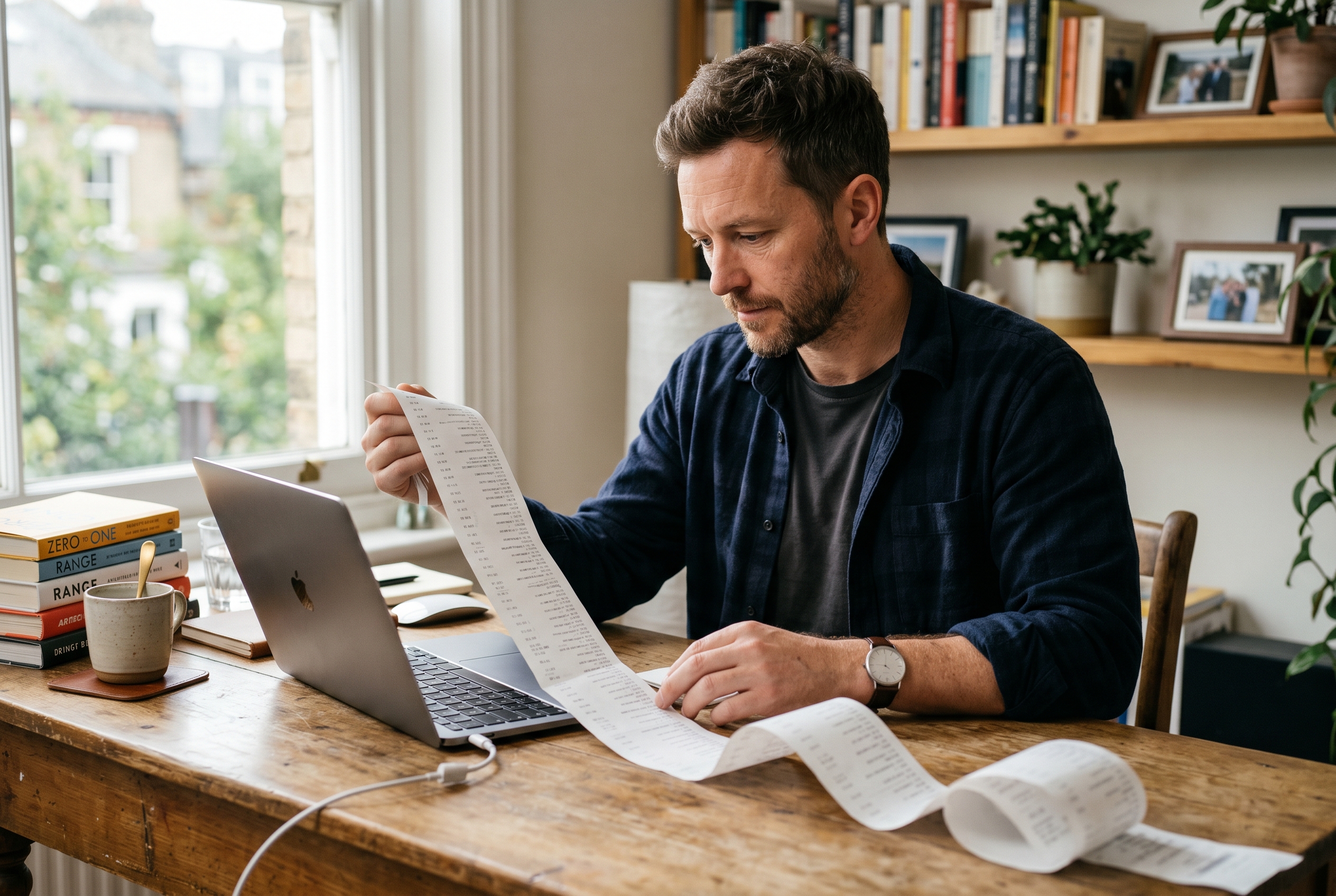 Merchant looking at a long receipt unfurling from a laptop showing dozens of monthly app subscription line items