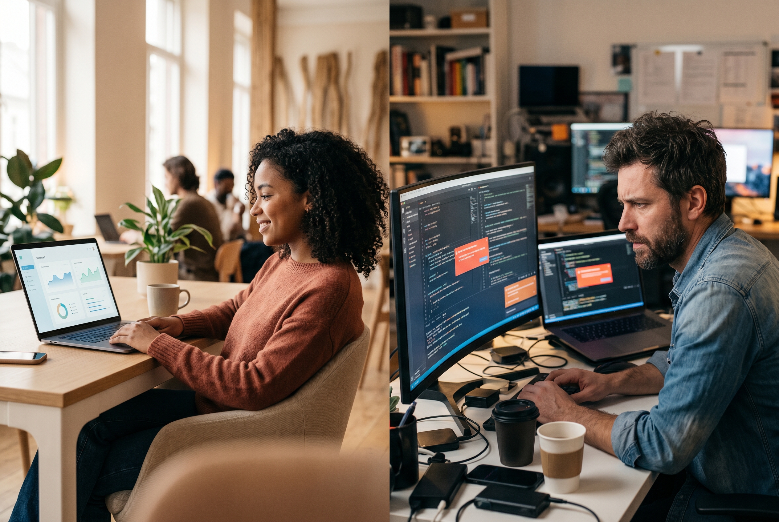Two small business owners on a split screen one relaxed with simple dashboard the other surrounded by code editors and plugin warnings