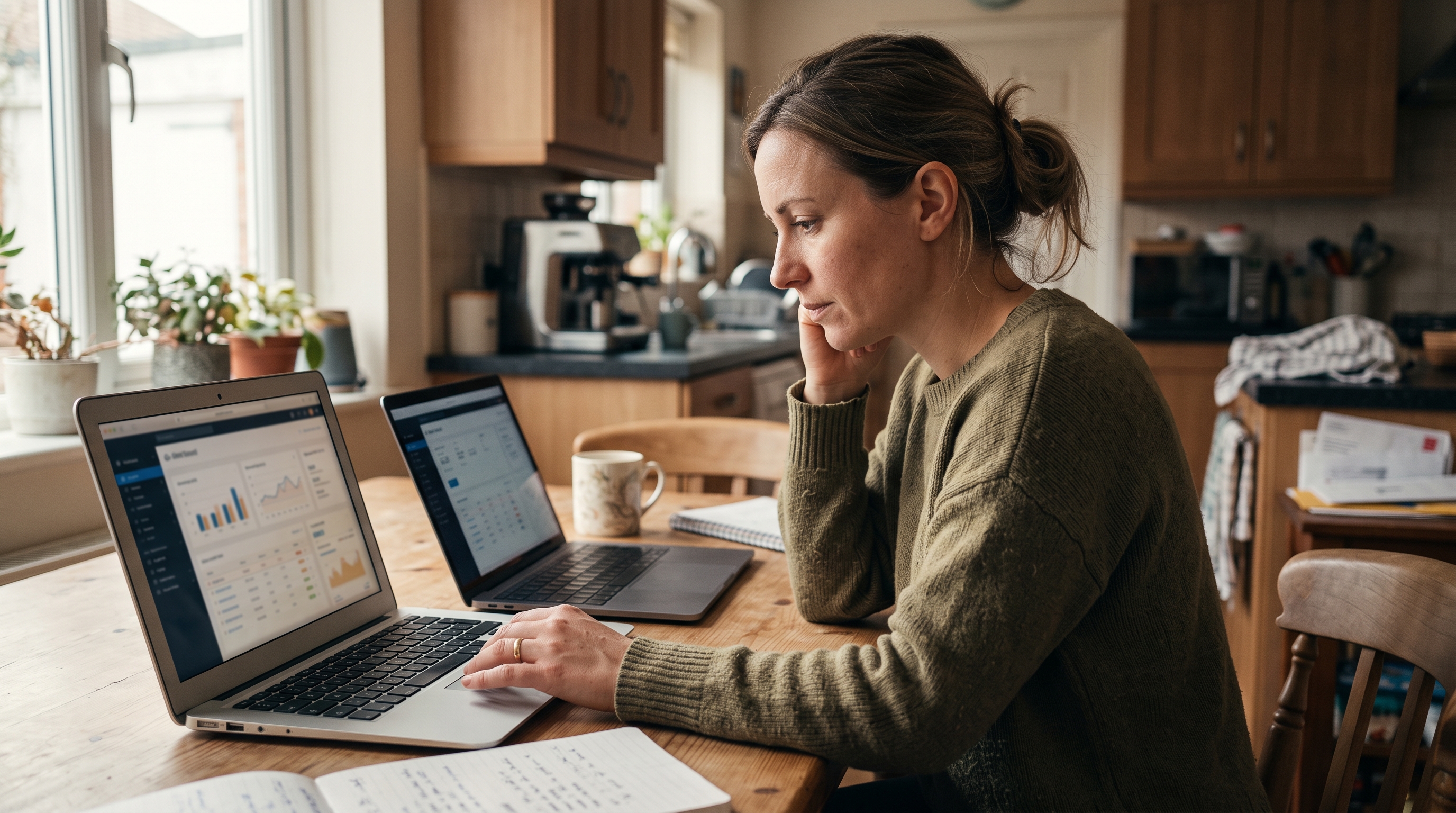 Small business owner sitting at a kitchen table comparing two laptops with online store dashboards open