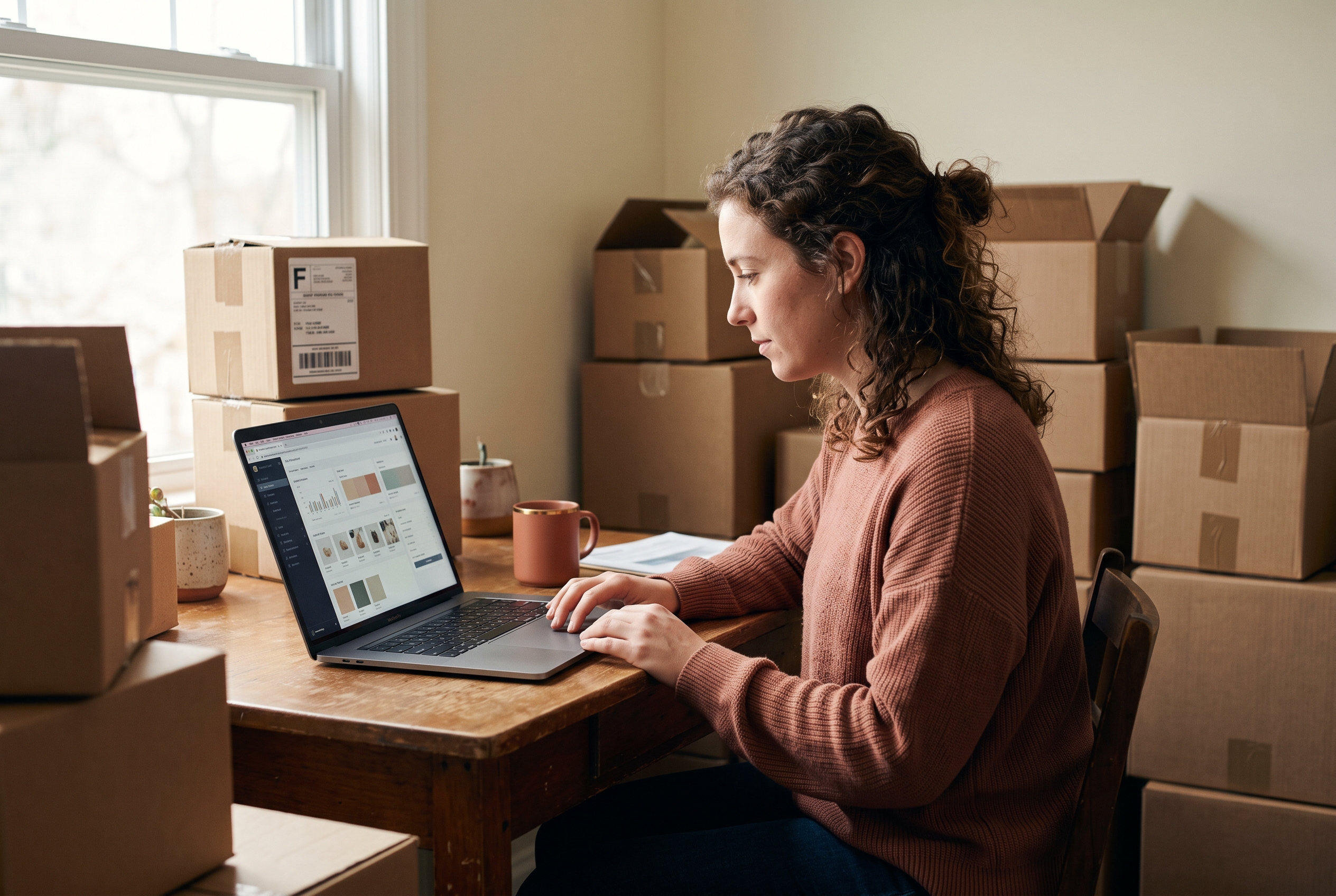 Founder updating product photos on a laptop in a small home office surrounded by packed shipping boxes