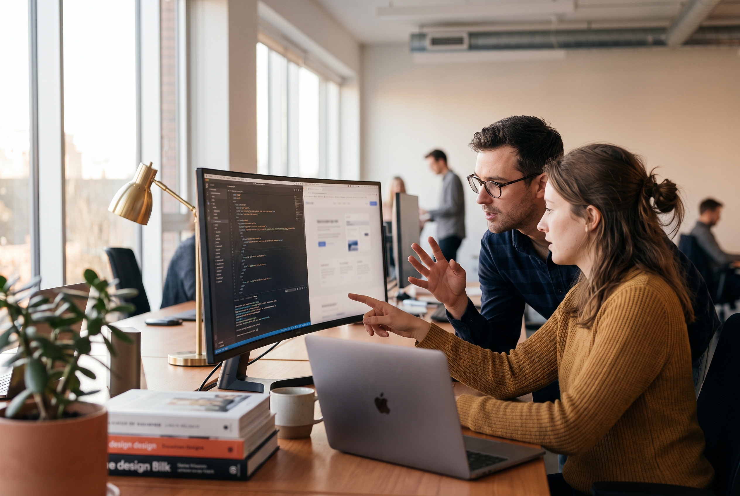 Two people reviewing website code together on a wide monitor in a bright modern office in the afternoon