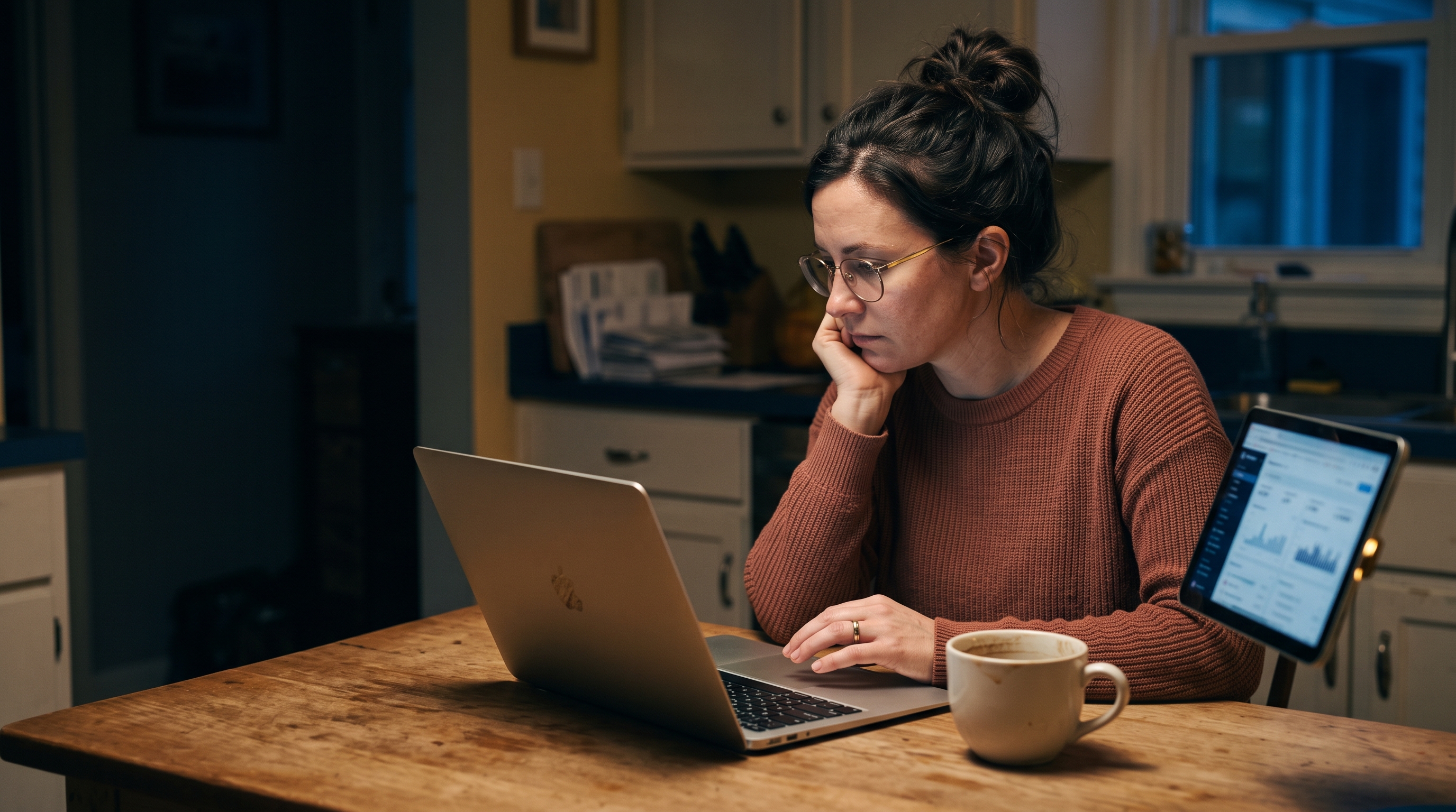 Small business owner sitting at a kitchen table late at night reviewing store analytics on a laptop with a coffee mug beside it