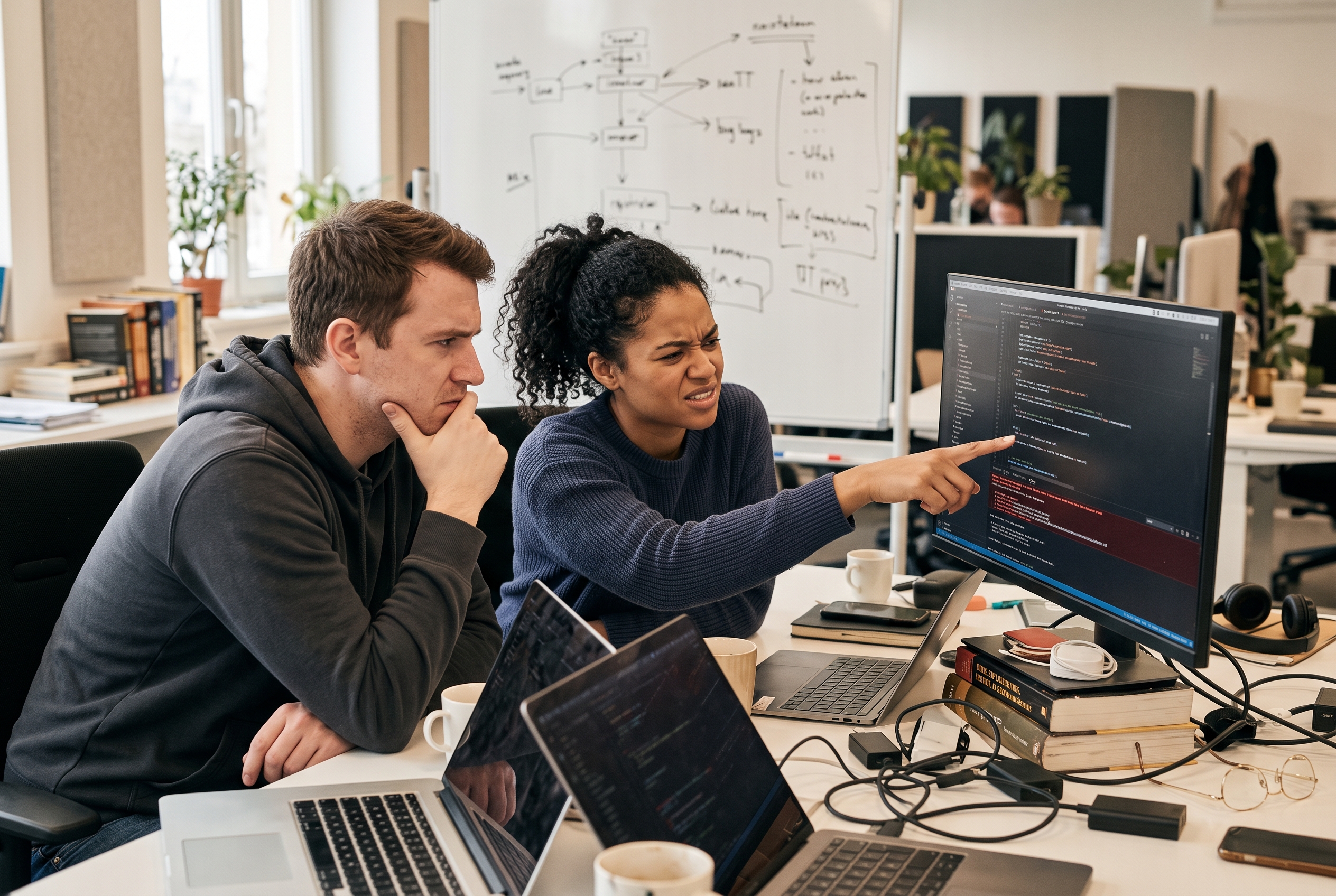Two developers frowning at error messages on a wide monitor in a cluttered office while troubleshooting a broken plugin