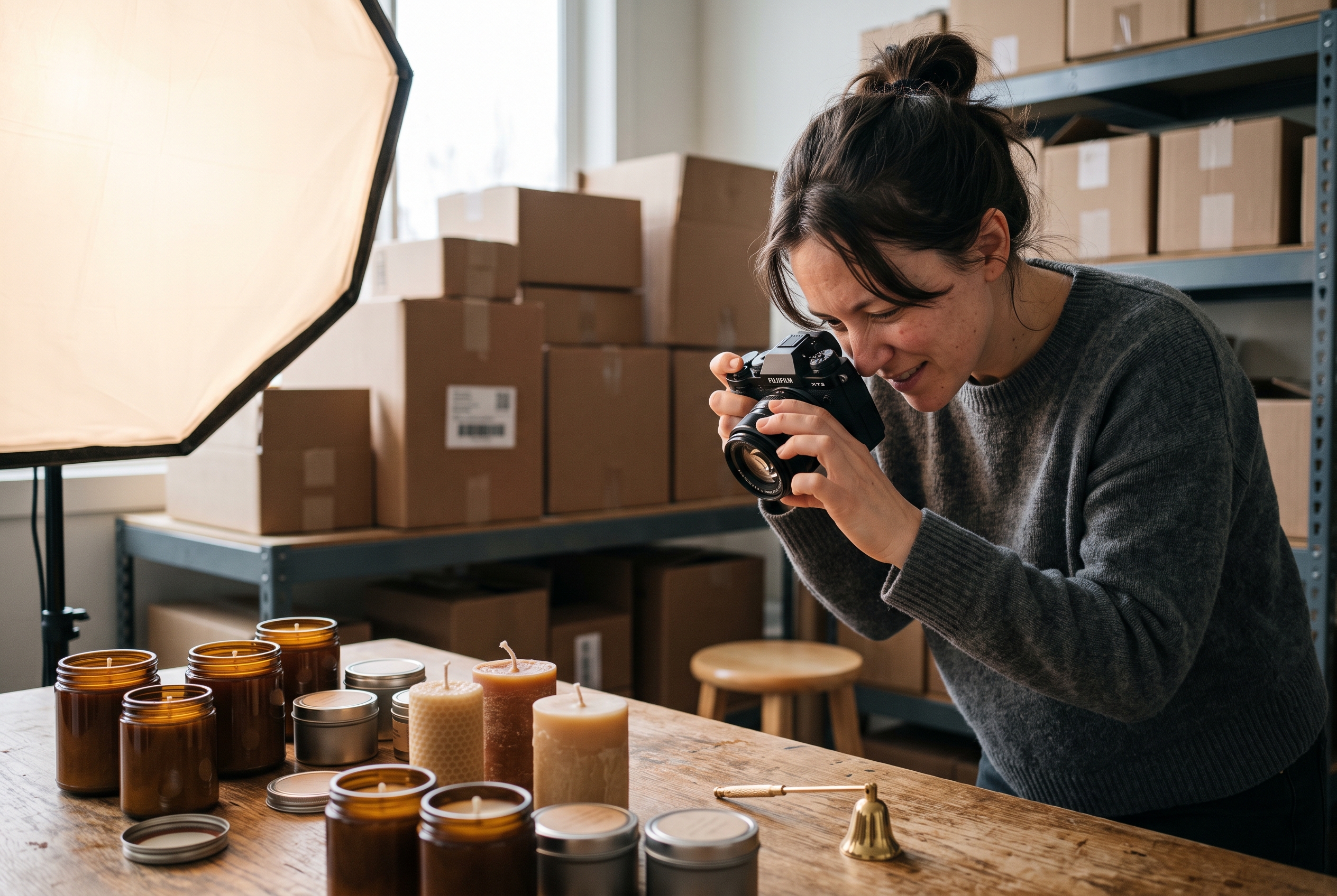 Founder photographing handmade candles on a wooden table with a softbox light and packed shipping boxes stacked in the background