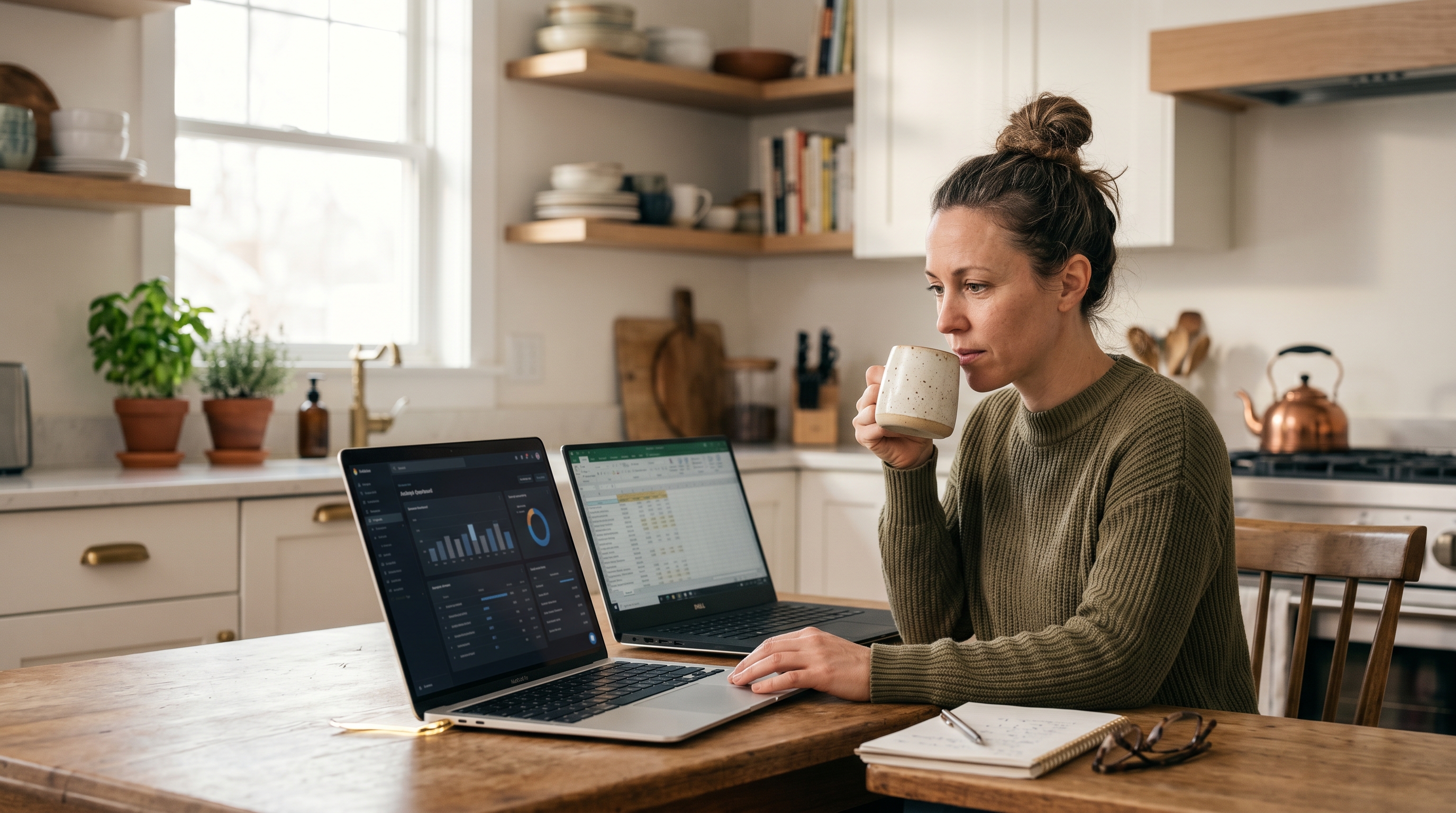 Small business owner comparing two laptops on a kitchen table while drinking coffee in the morning