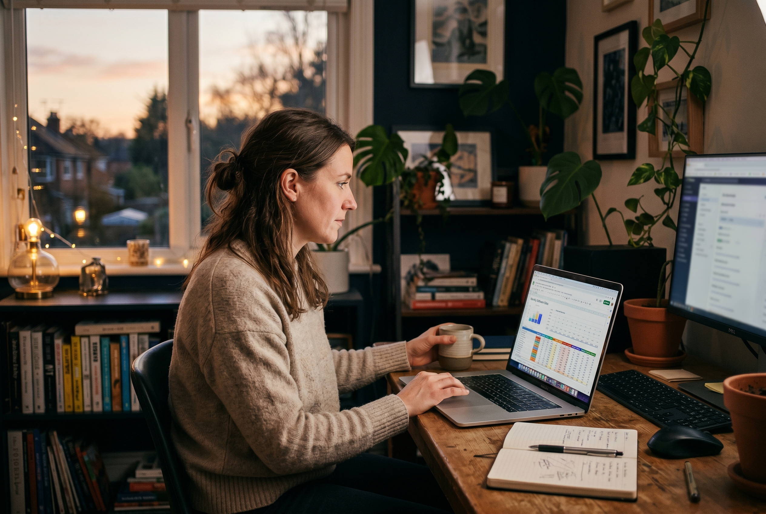 Founder reviewing a spreadsheet of monthly software costs on a laptop in a small home office at dusk