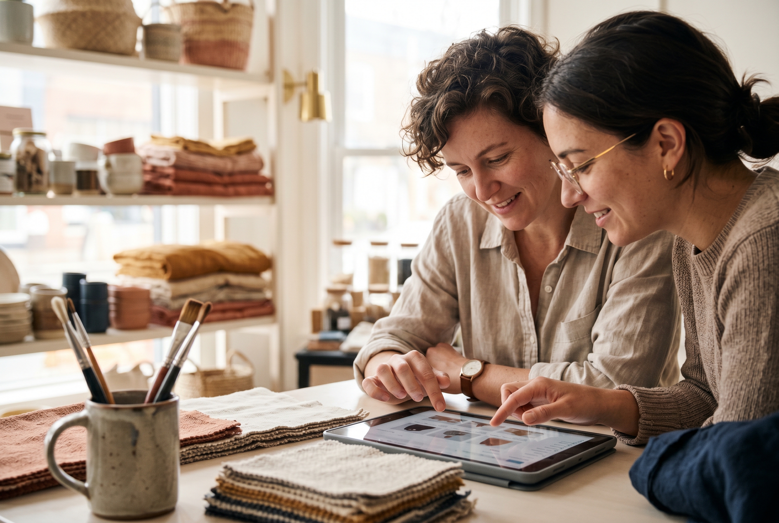 Two small business partners reviewing their online store on a tablet in a sunlit boutique surrounded by inventory