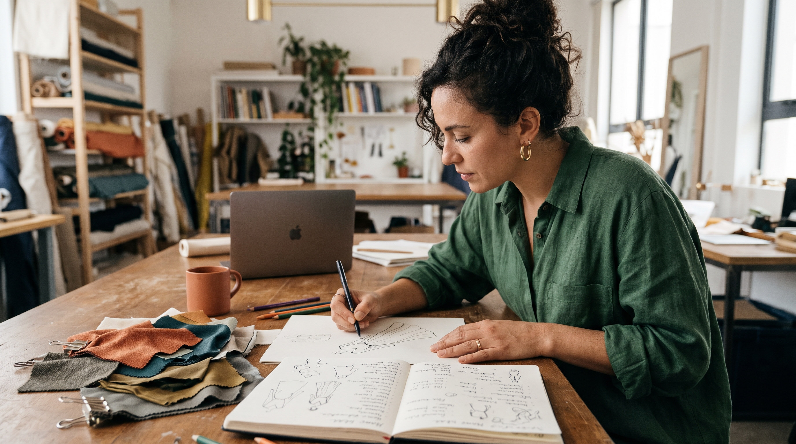 Fashion designer sketching a first collection at a studio desk with fabric swatches and a notebook full of name ideas