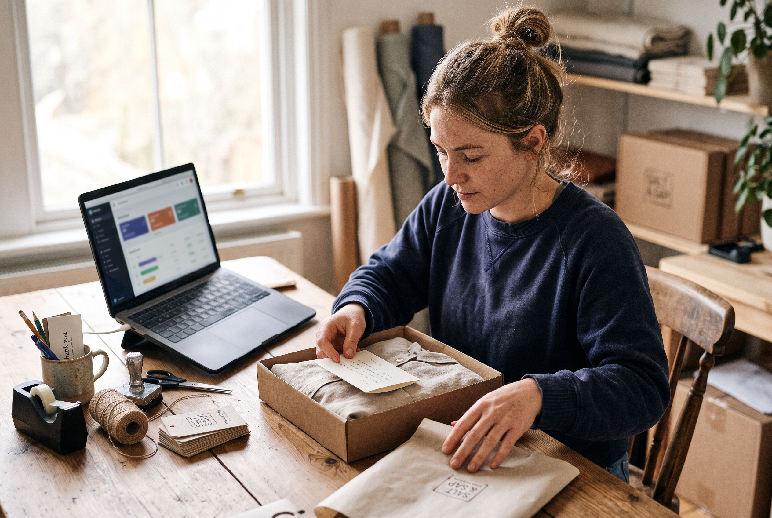 Small clothing brand owner packing orders at a worktable with hand-stamped garment tags and a laptop open beside her