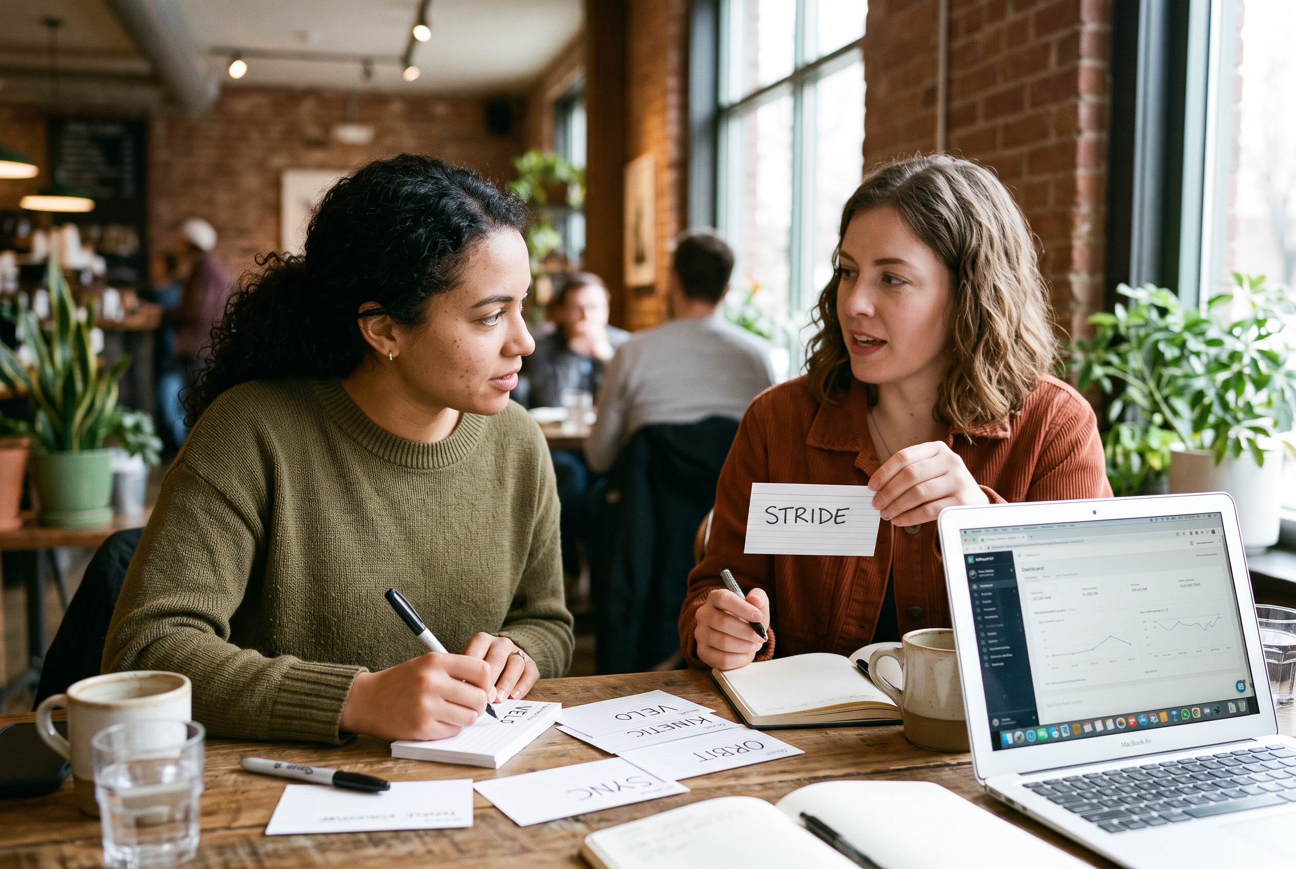 Two co-founders at a cafe table writing brand name options on index cards and testing how they sound aloud