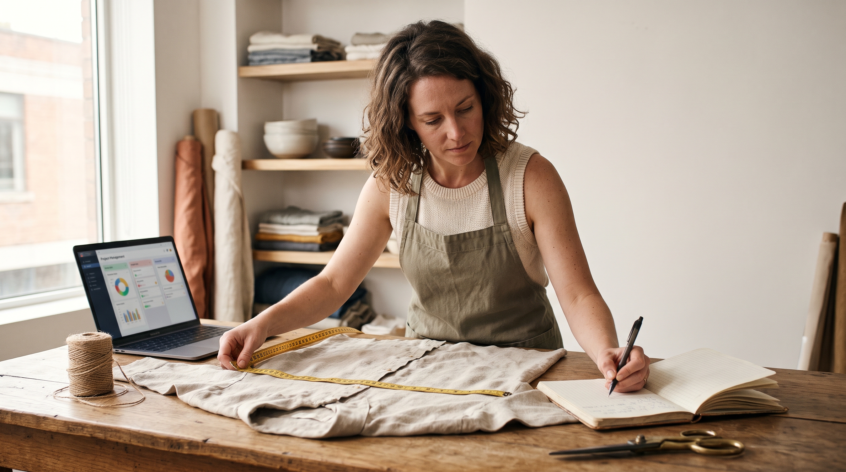 Boutique owner measuring a linen shirt flat on a wooden table with a tape measure and notebook