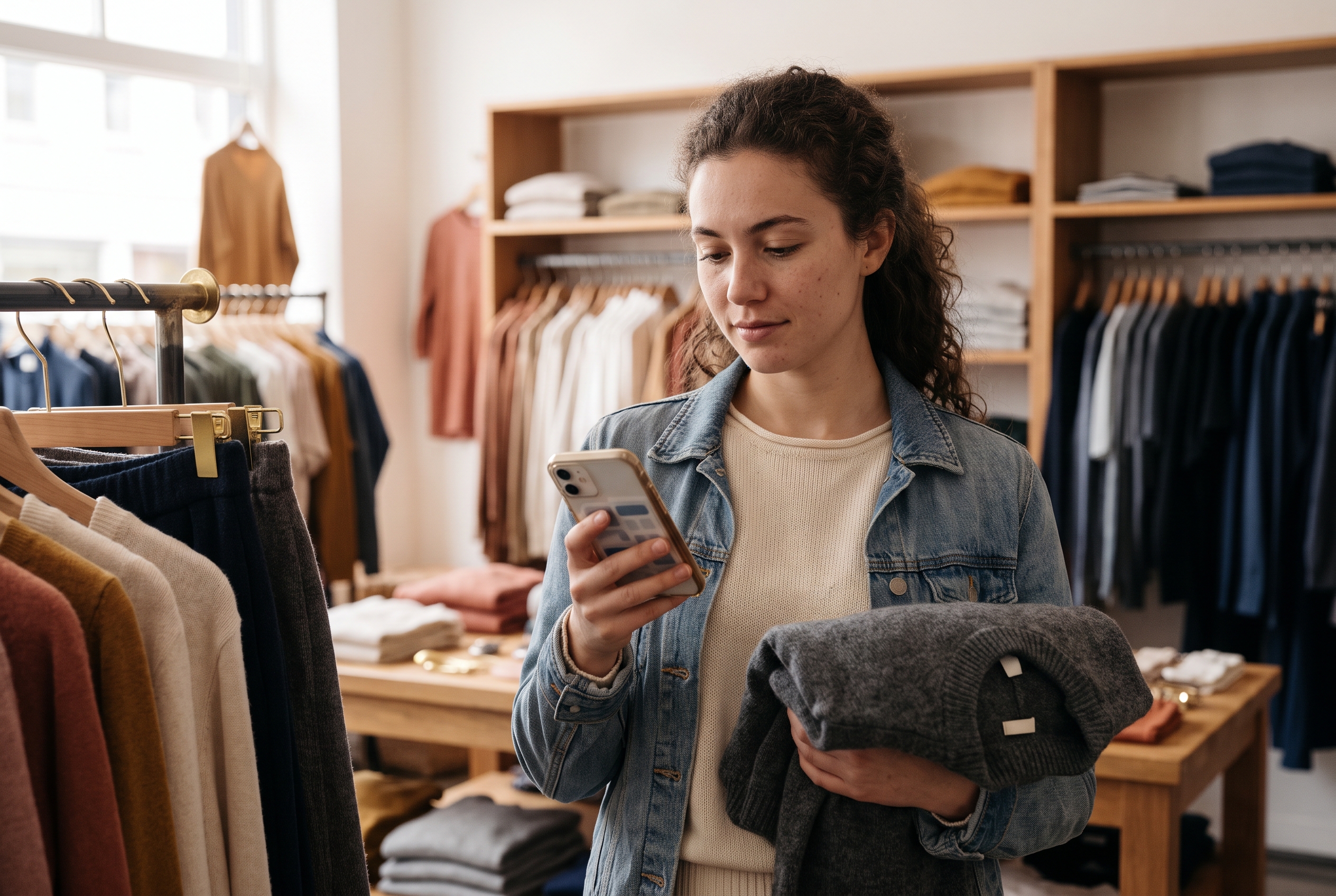 Shopper checking a size chart on her phone while holding a folded sweater in a small clothing shop