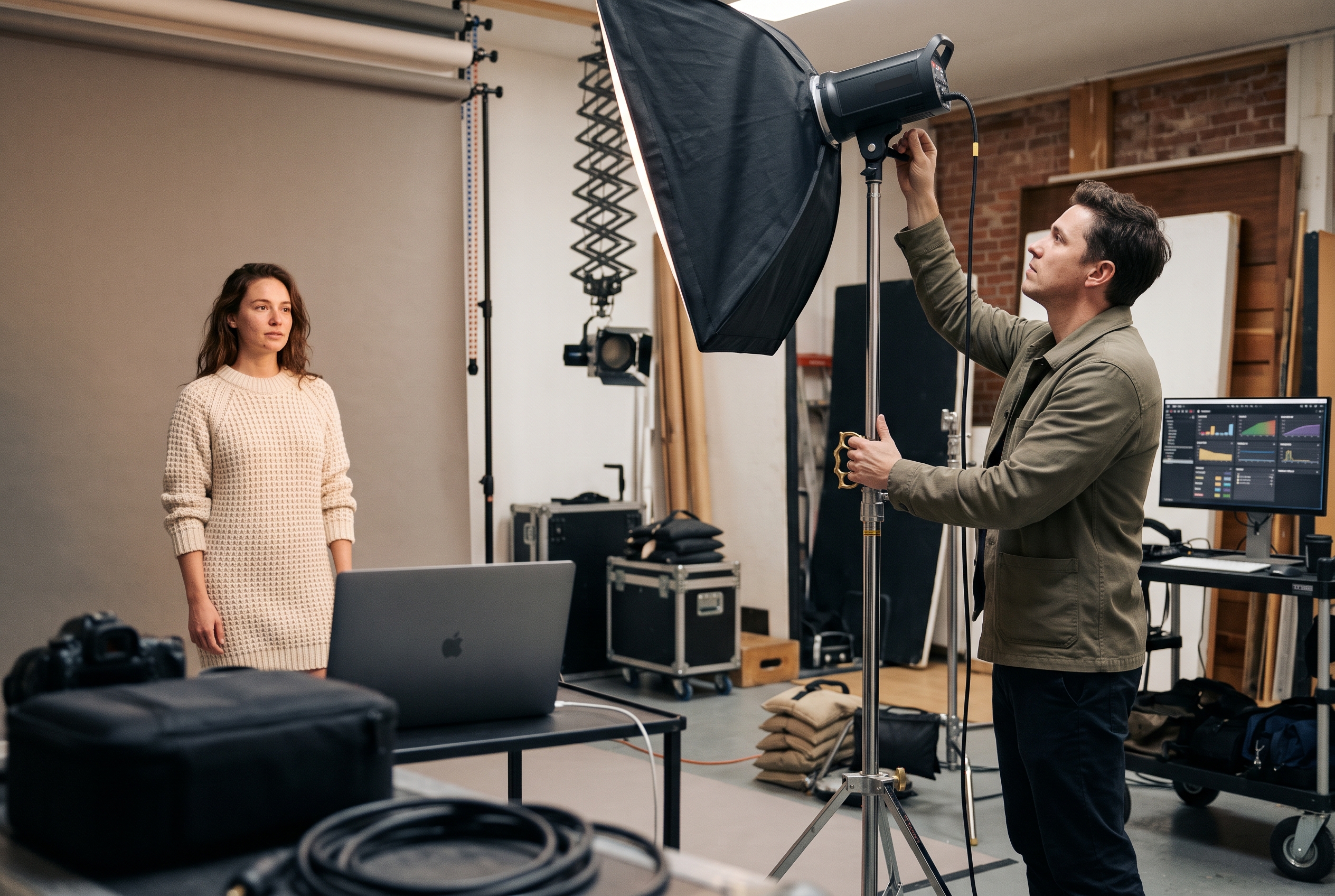 Photographer adjusting a studio light while a model in a cream knit dress stands against a plain backdrop